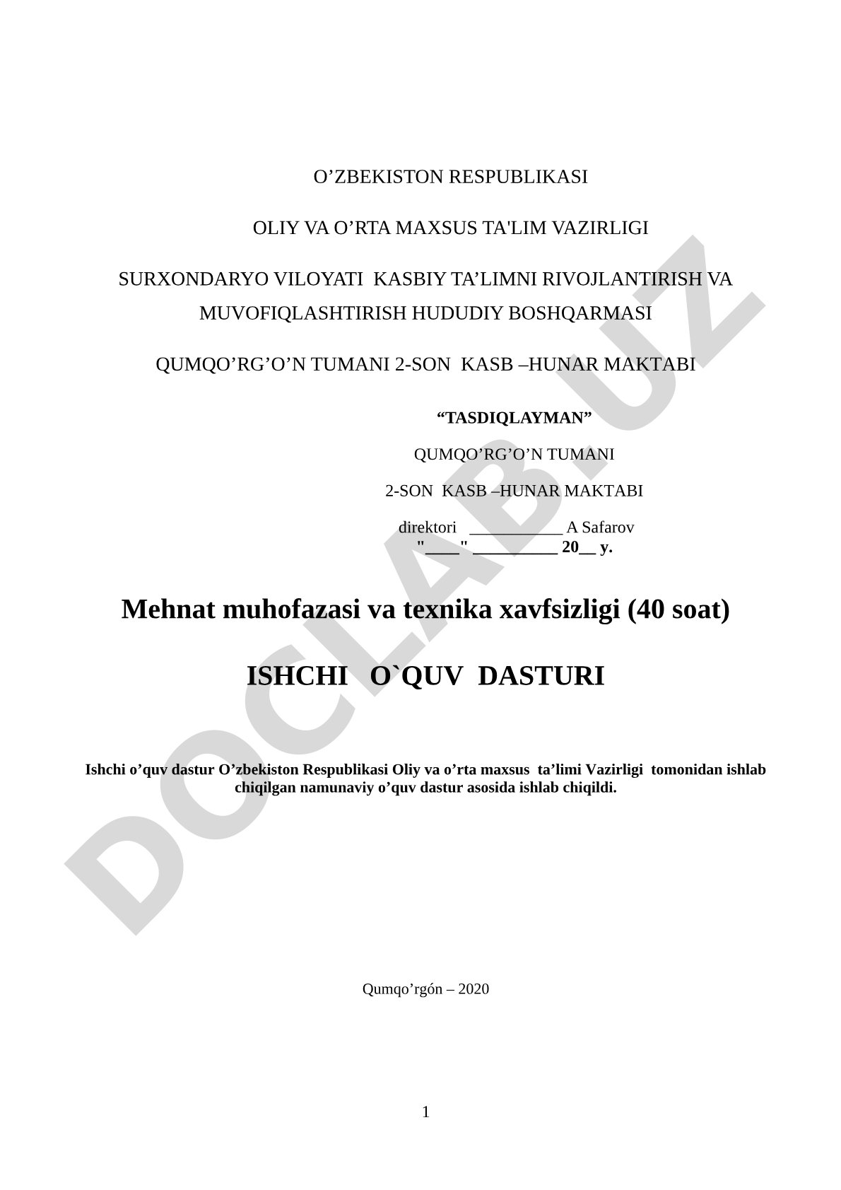 Mehnat muhofazasi va texnika xavfsizligi ishchi o'quv dasturi