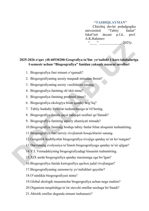 Biogeografiya fanidan yakuniy nazorat savollari
