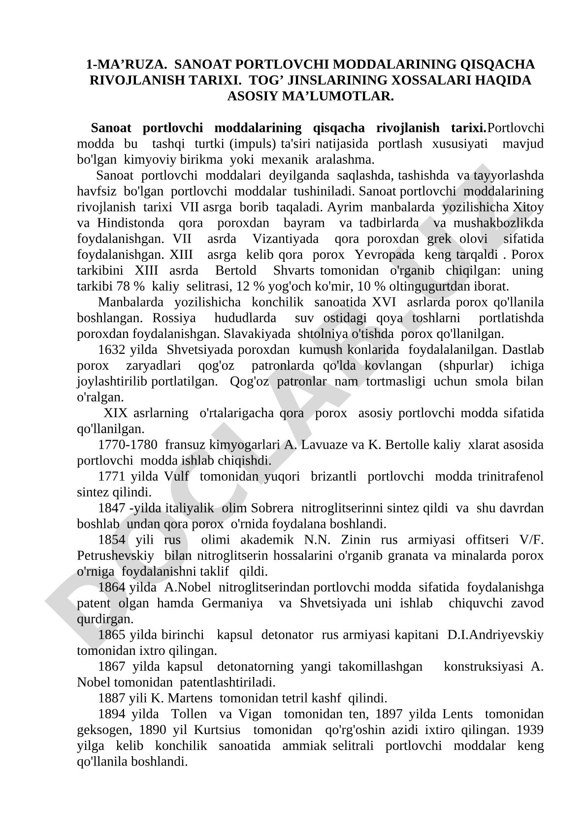 Sanoat portlovchi moddalarining qisqacha rivojlanish tarixi. Tog’ jinslarining xossalari haqida asosiy ma’lumotlar.