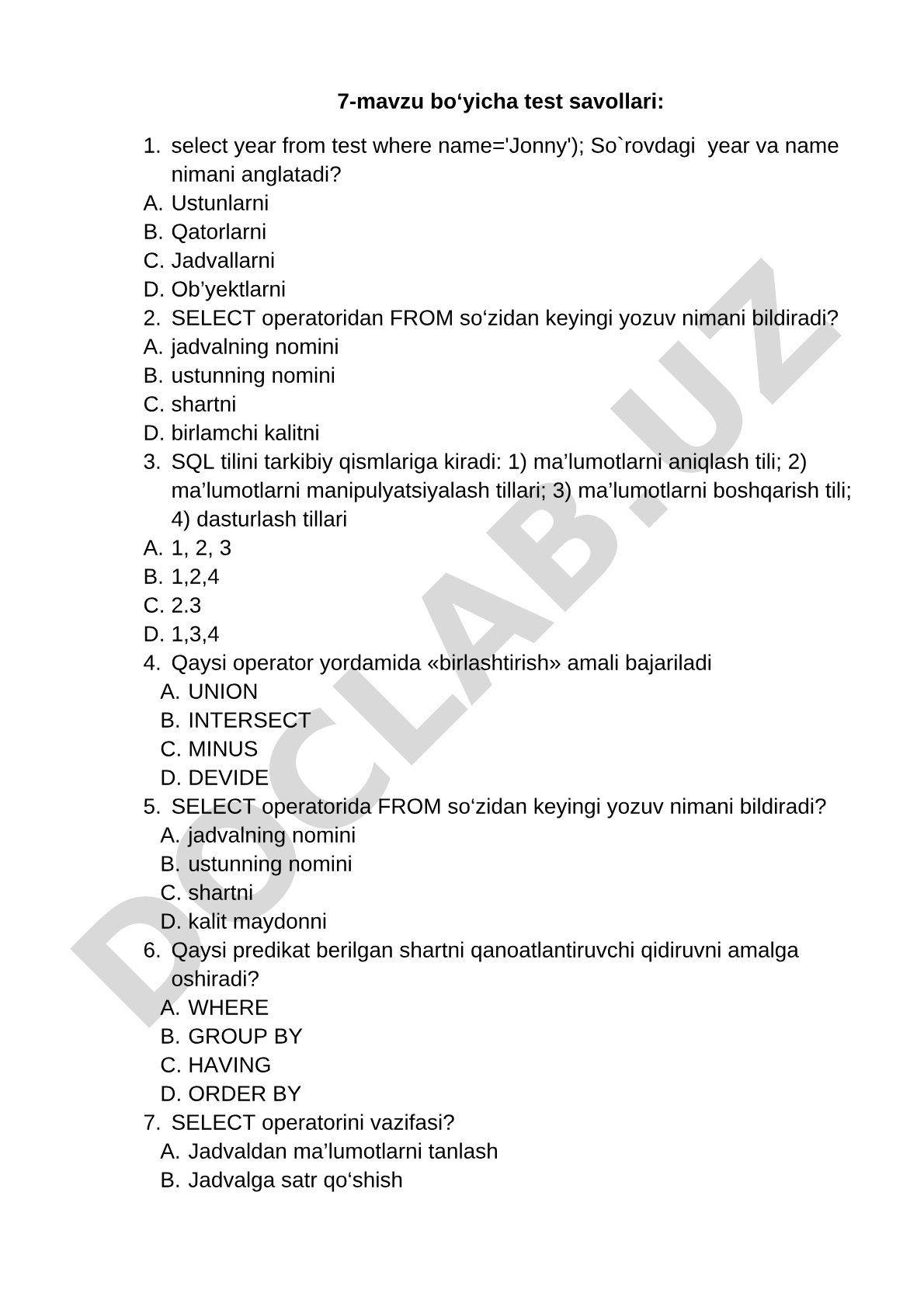 7-mavzu bo‘yicha test savollari