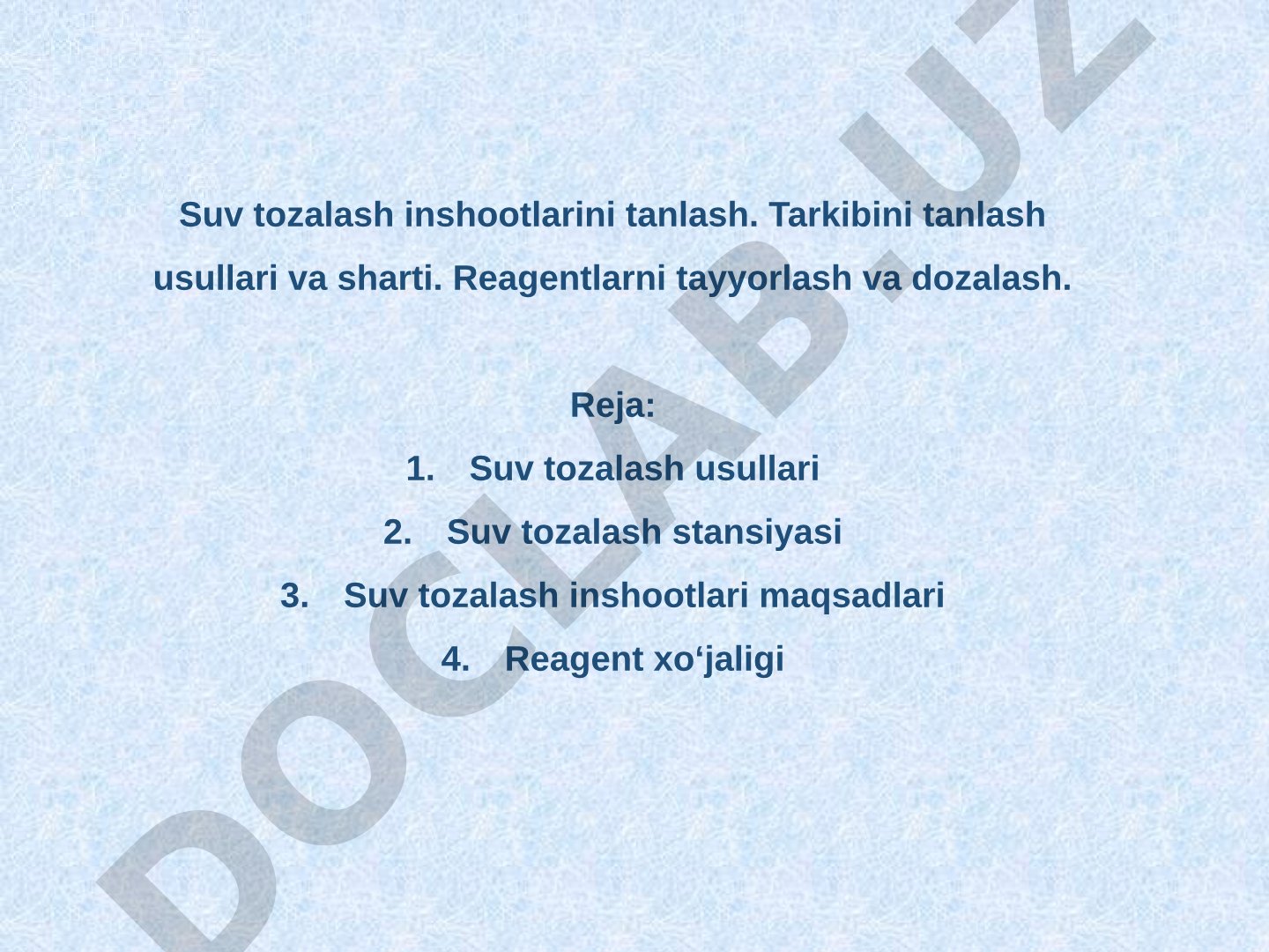 Suv tozalash inshootlarini tanlash va reagent xo'jaligi