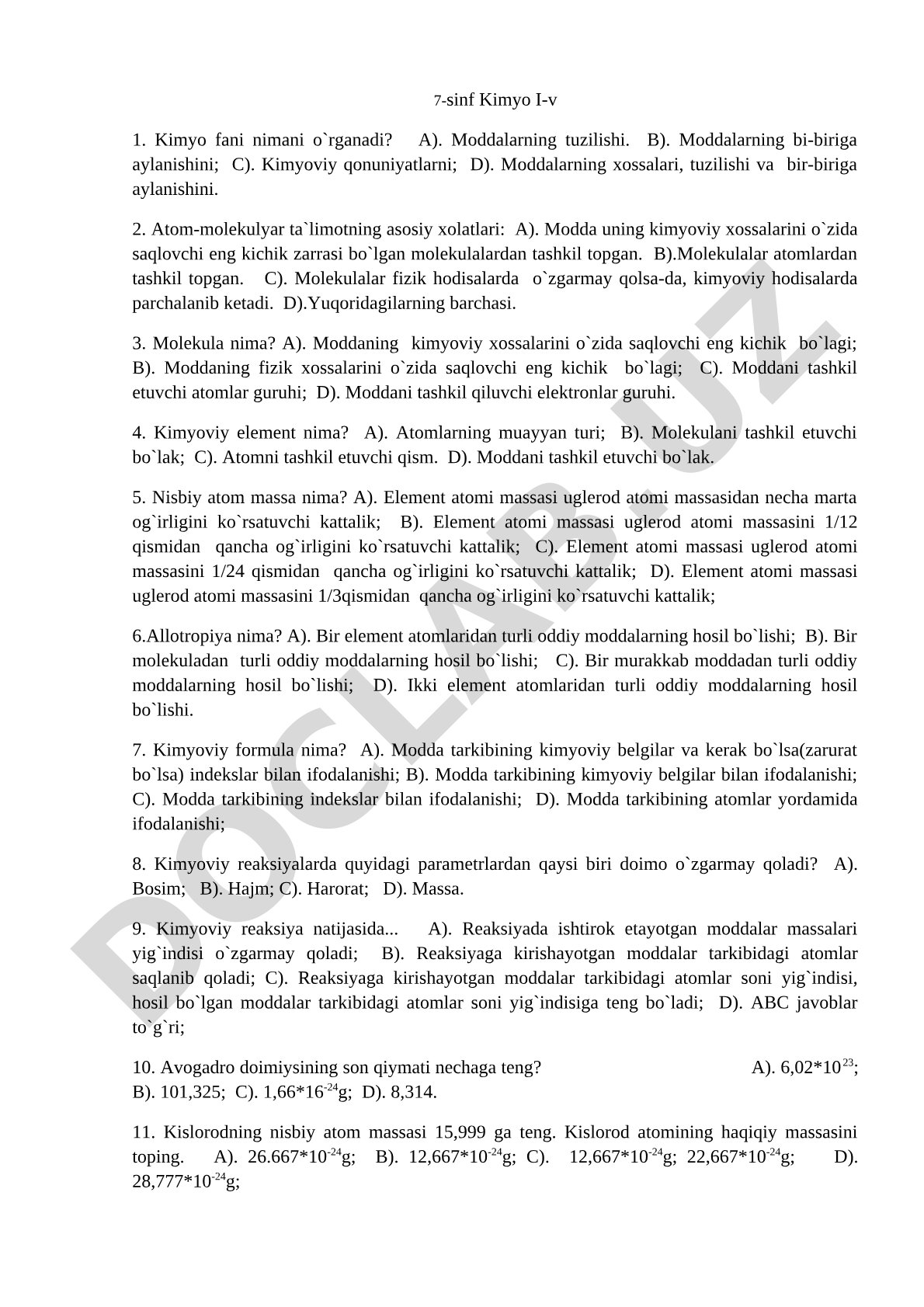 7-sinf kimyo fanidan test savollari, I variant