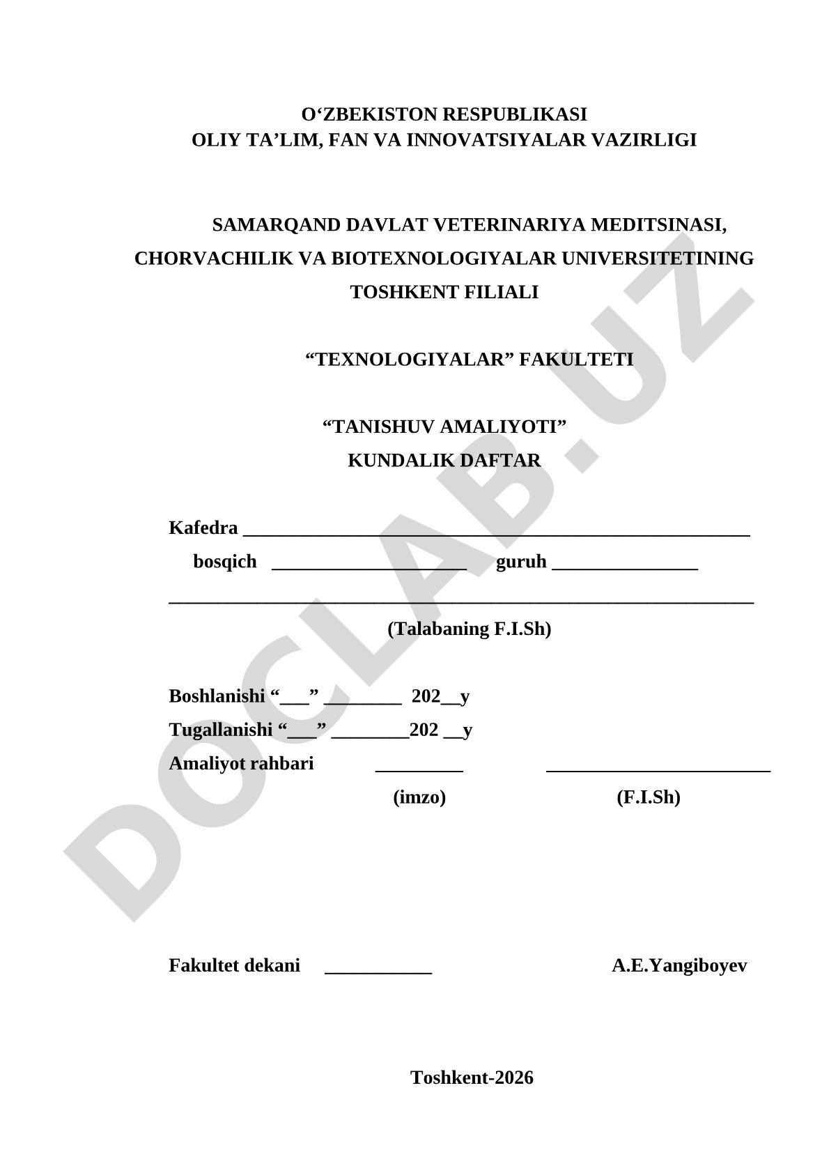 Tanishuv amaliyoti kundalik daftari
