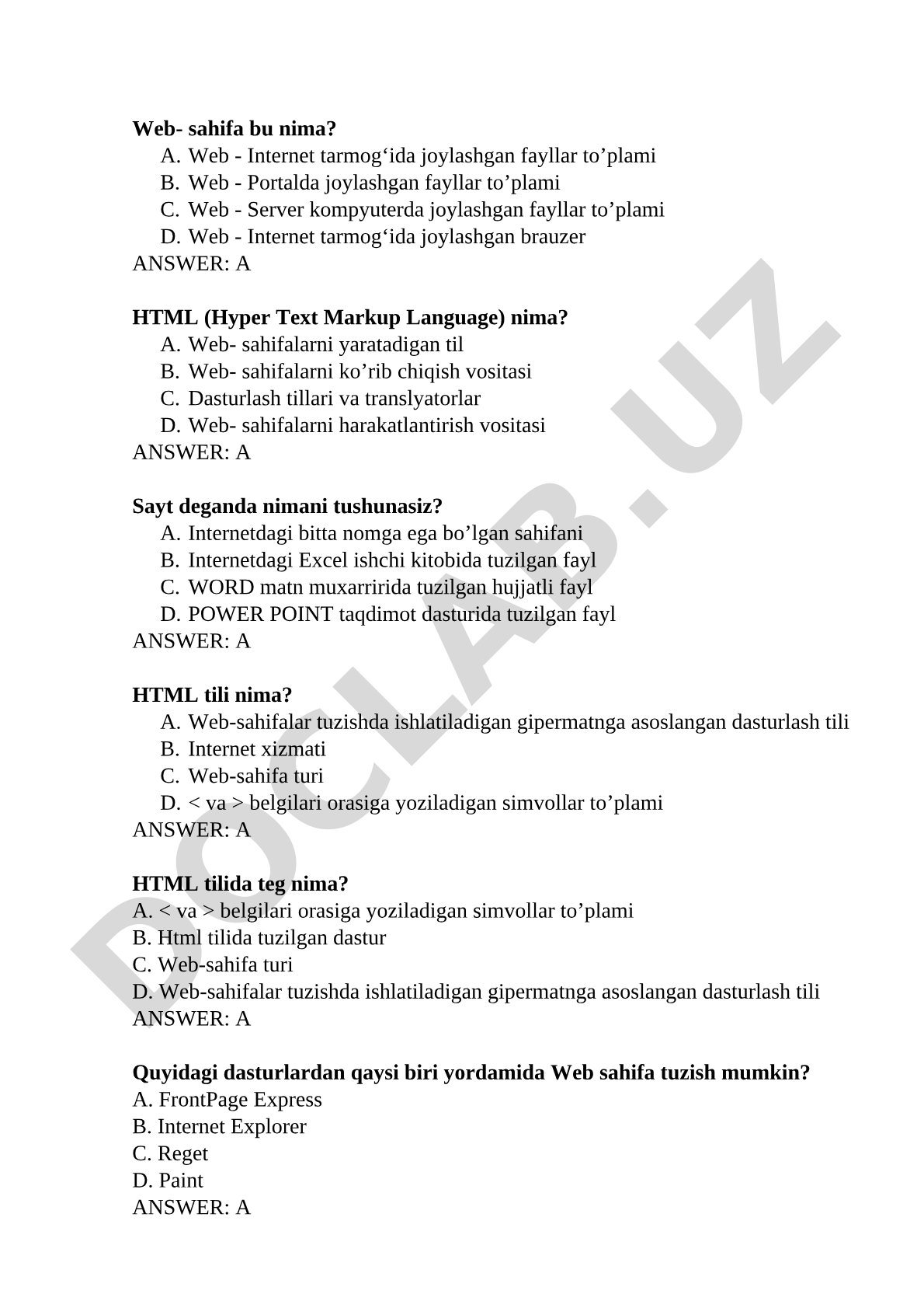 Web sahifa va HTML tili bo'yicha test savollari