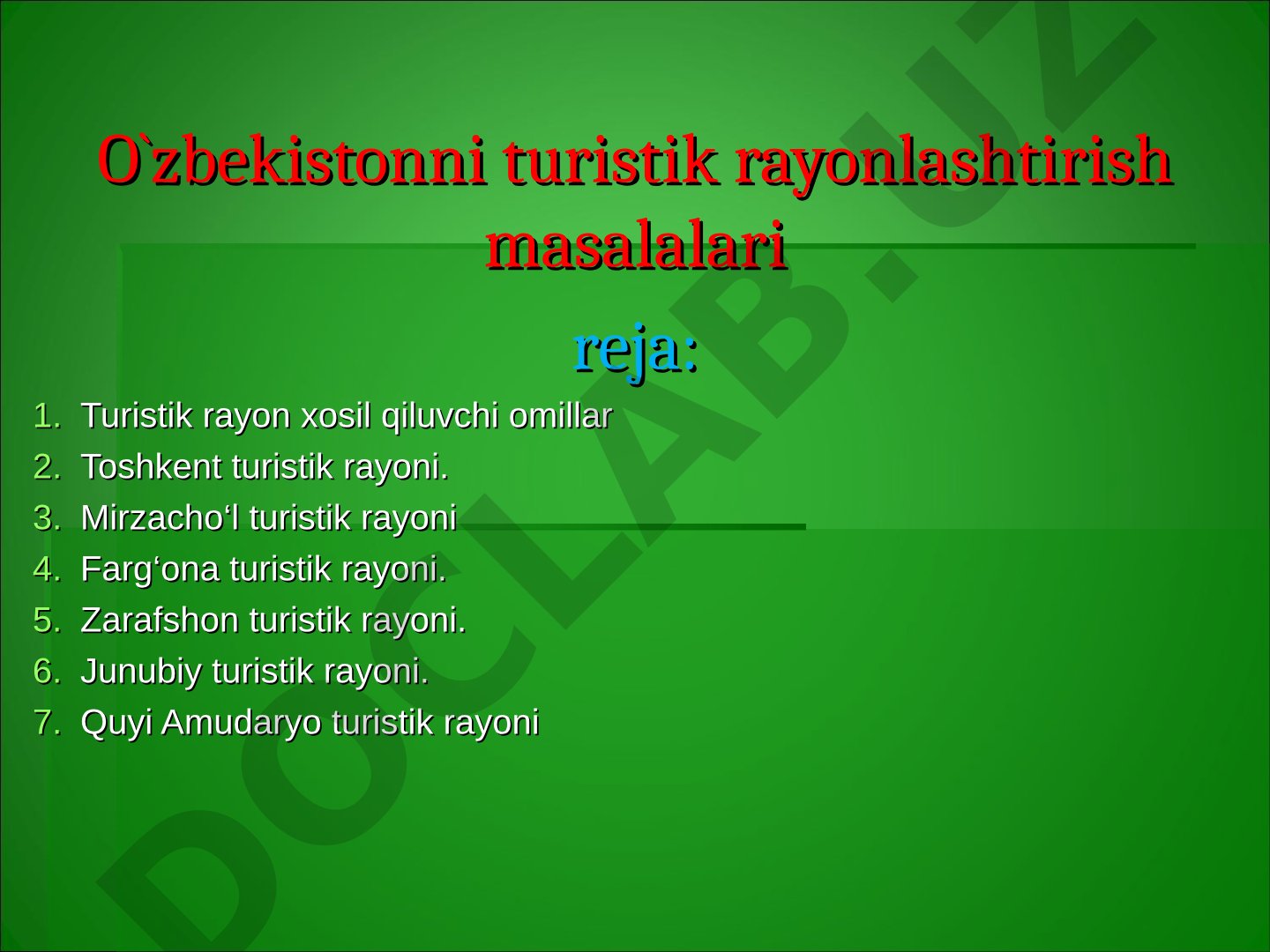O'zbekistonni turistik rayonlashtirish masalalari