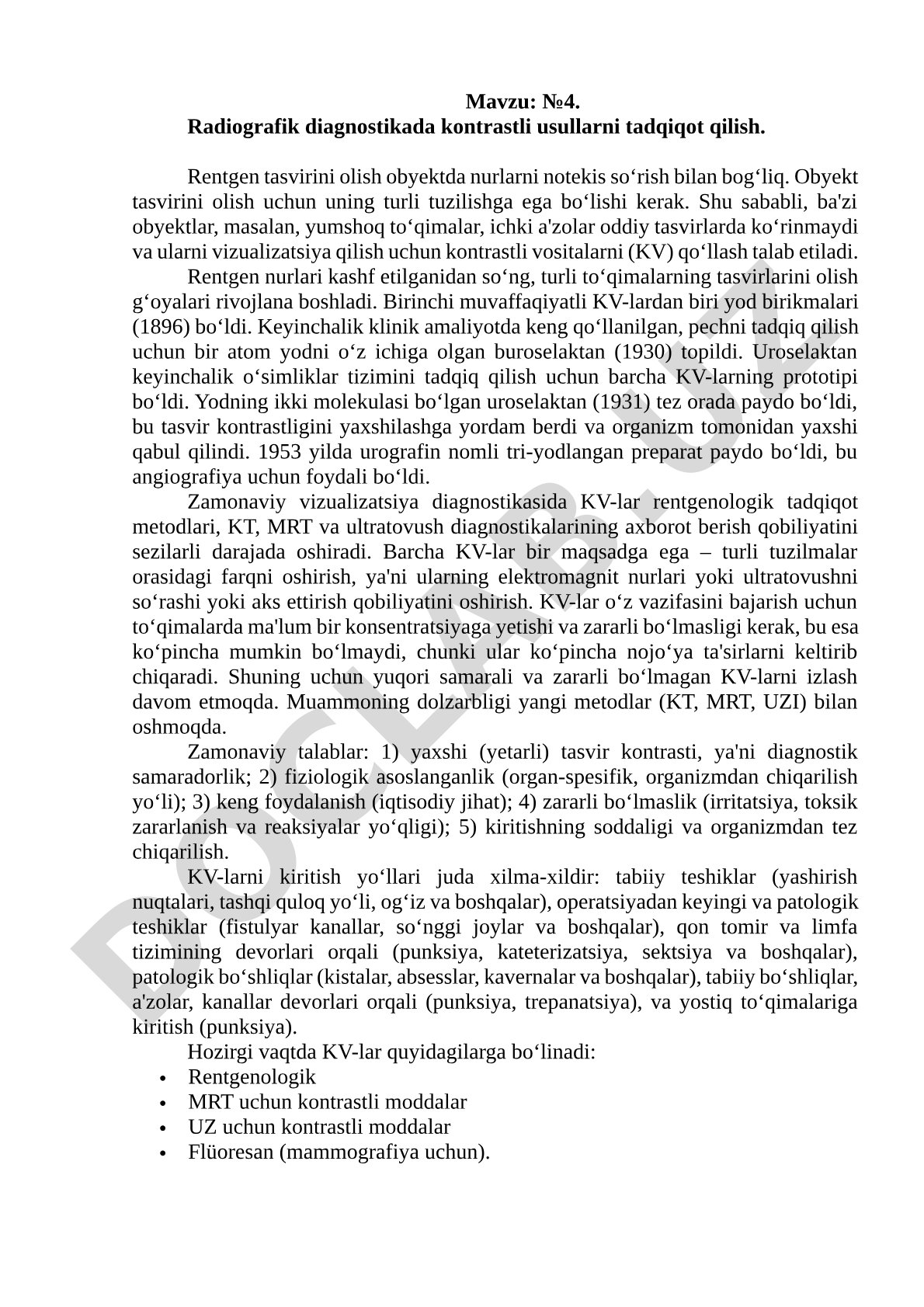 Radiografik diagnostikada kontrastli usullarni tadqiqot qilish