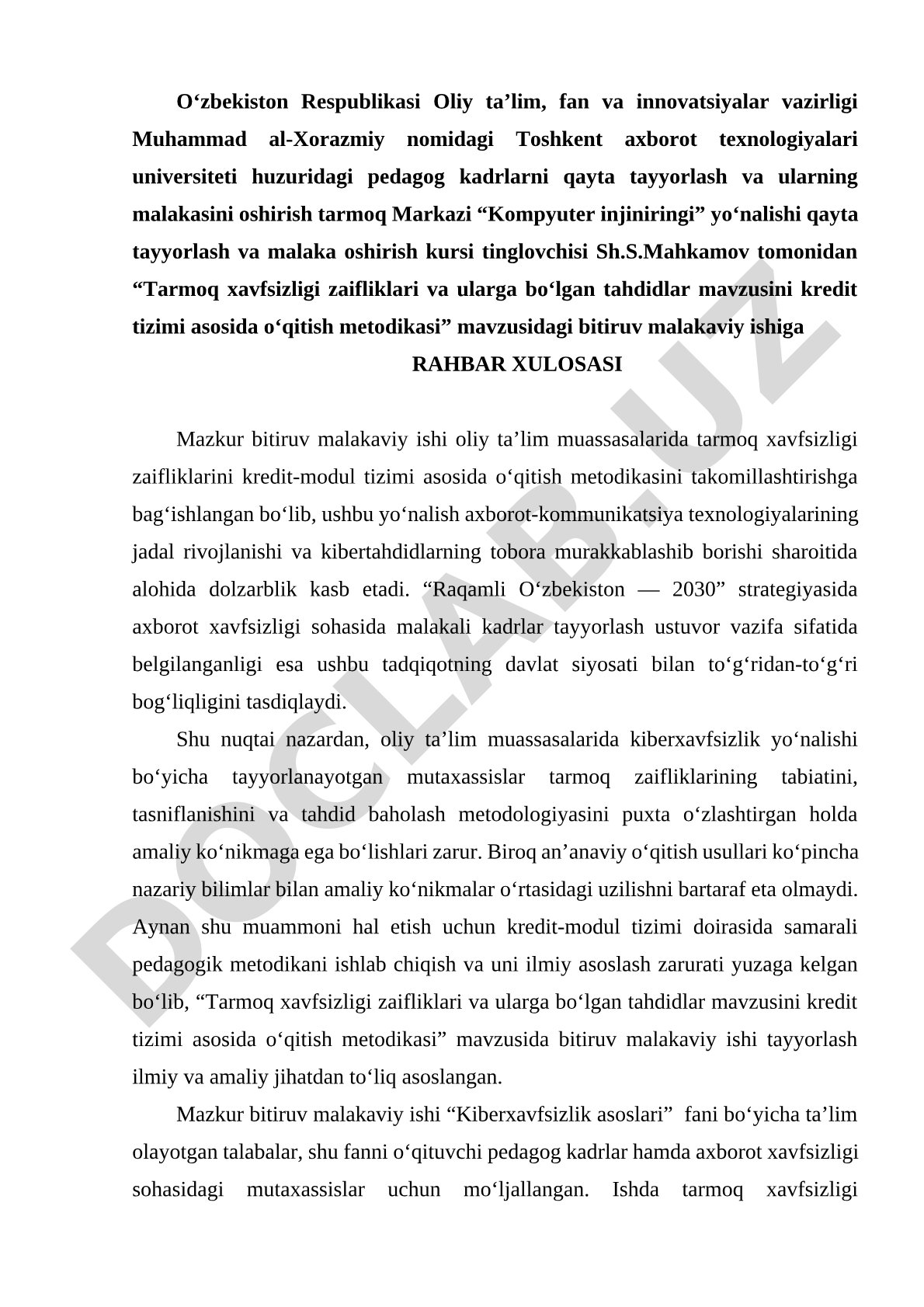 Tarmoq xavfsizligi zaifliklari va ularga bo‘lgan tahdidlar mavzusini kredit tizimi asosida o‘qitish metodikasi