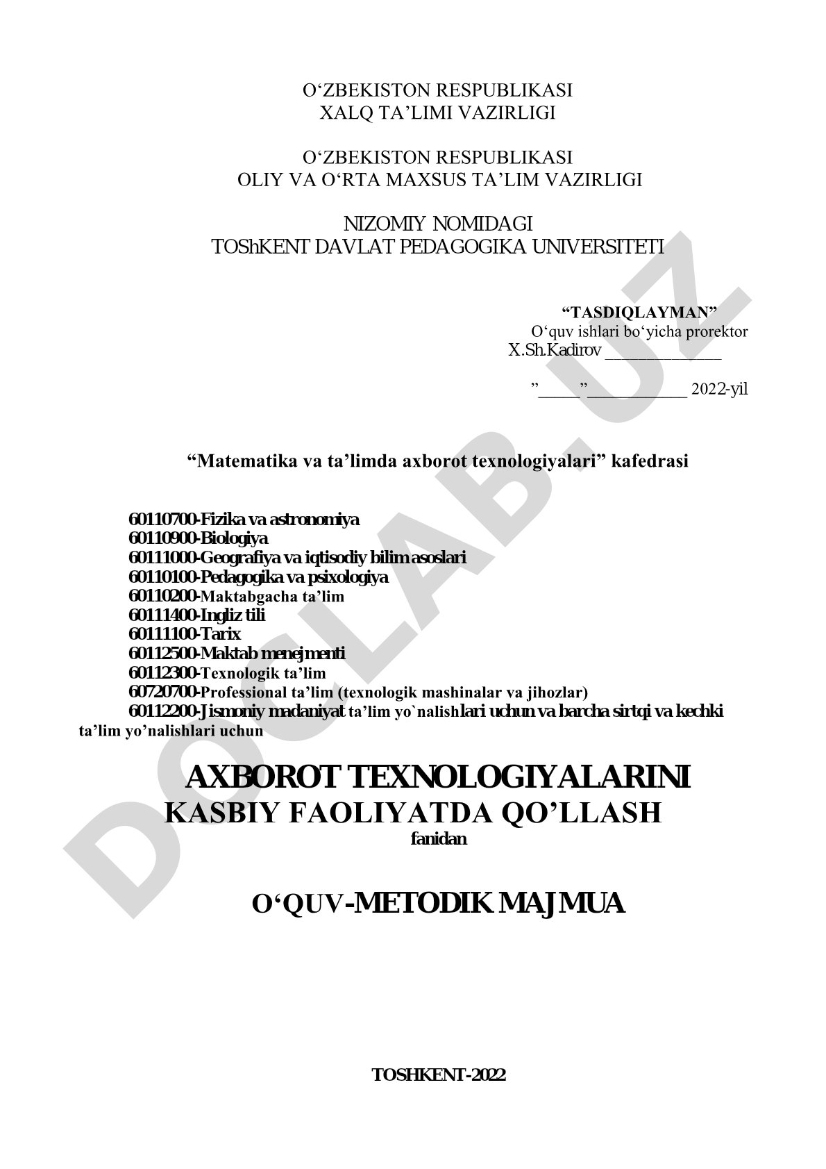 Axborot texnologiyalarini kasbiy faoliyatda qo‘llash fanidan o‘quv-metodik majmua