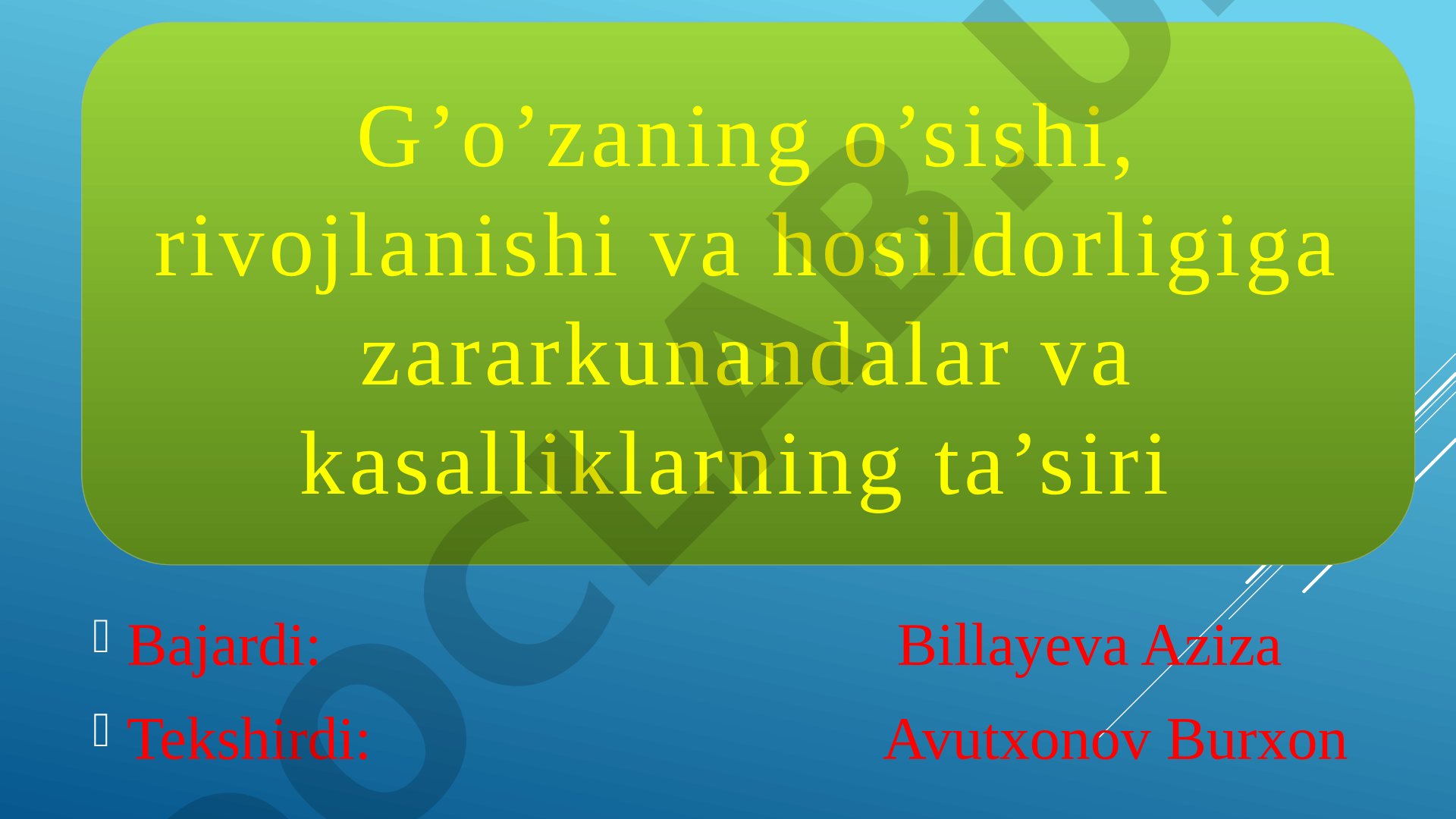 G’o’zaning o’sishi, rivojlanishi va hosildorligiga zararkunandalar va kasalliklarning ta’siri