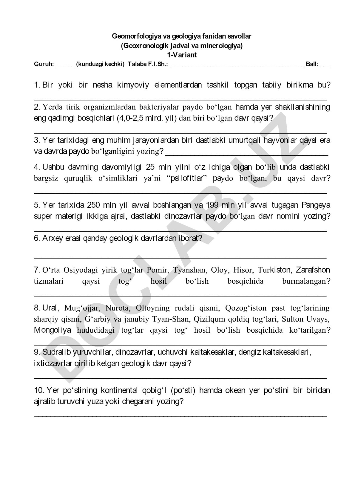 Geomorfologiya va geologiya fanidan test savollari