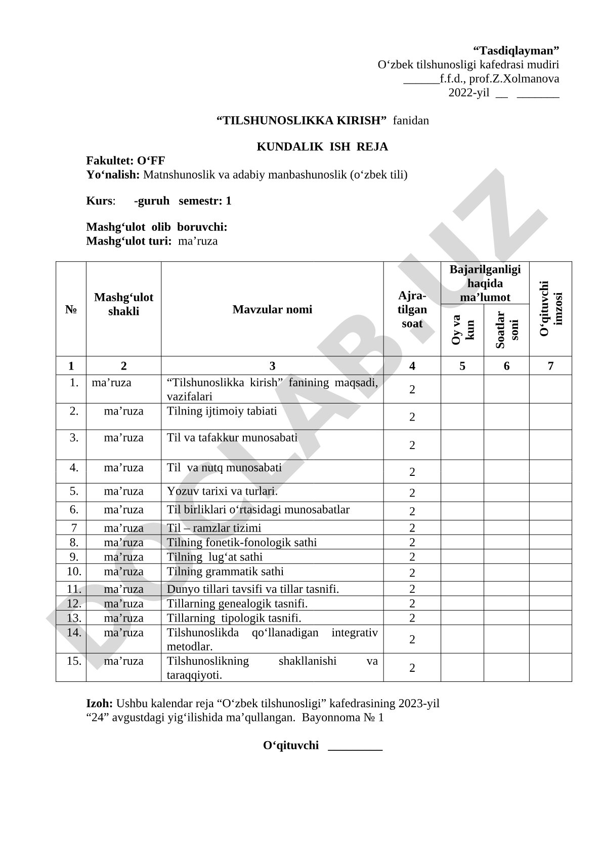 Tilshunoslikka kirish fanidan kundalik ish reja
