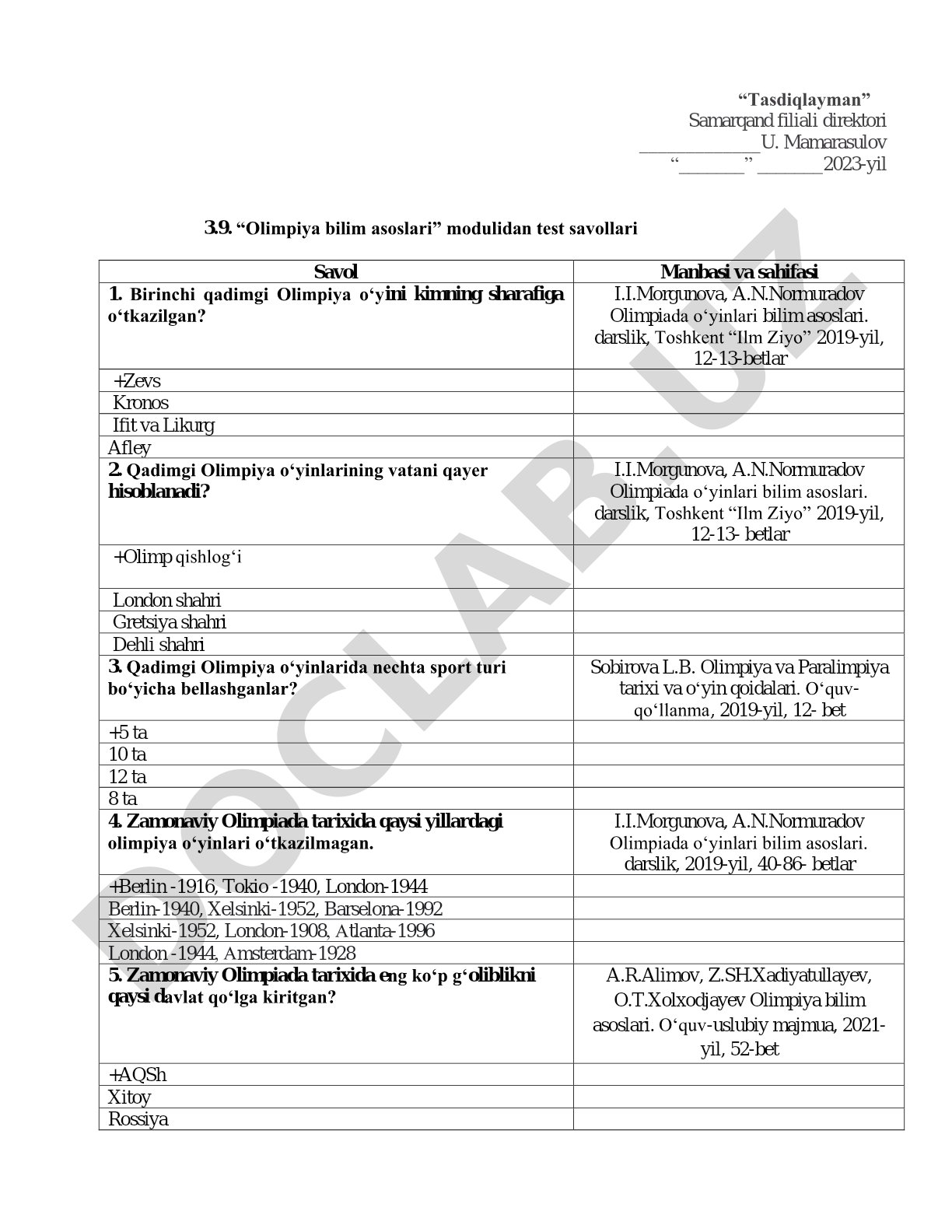 Olimpiya bilim asoslari modulidan test savollari