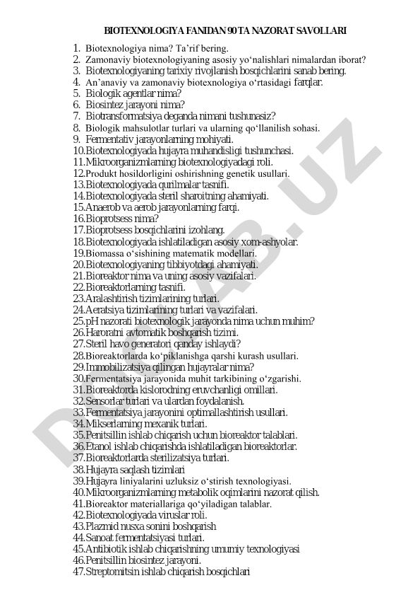 Biotexnologiya fanidan 90 ta nazorat savollari