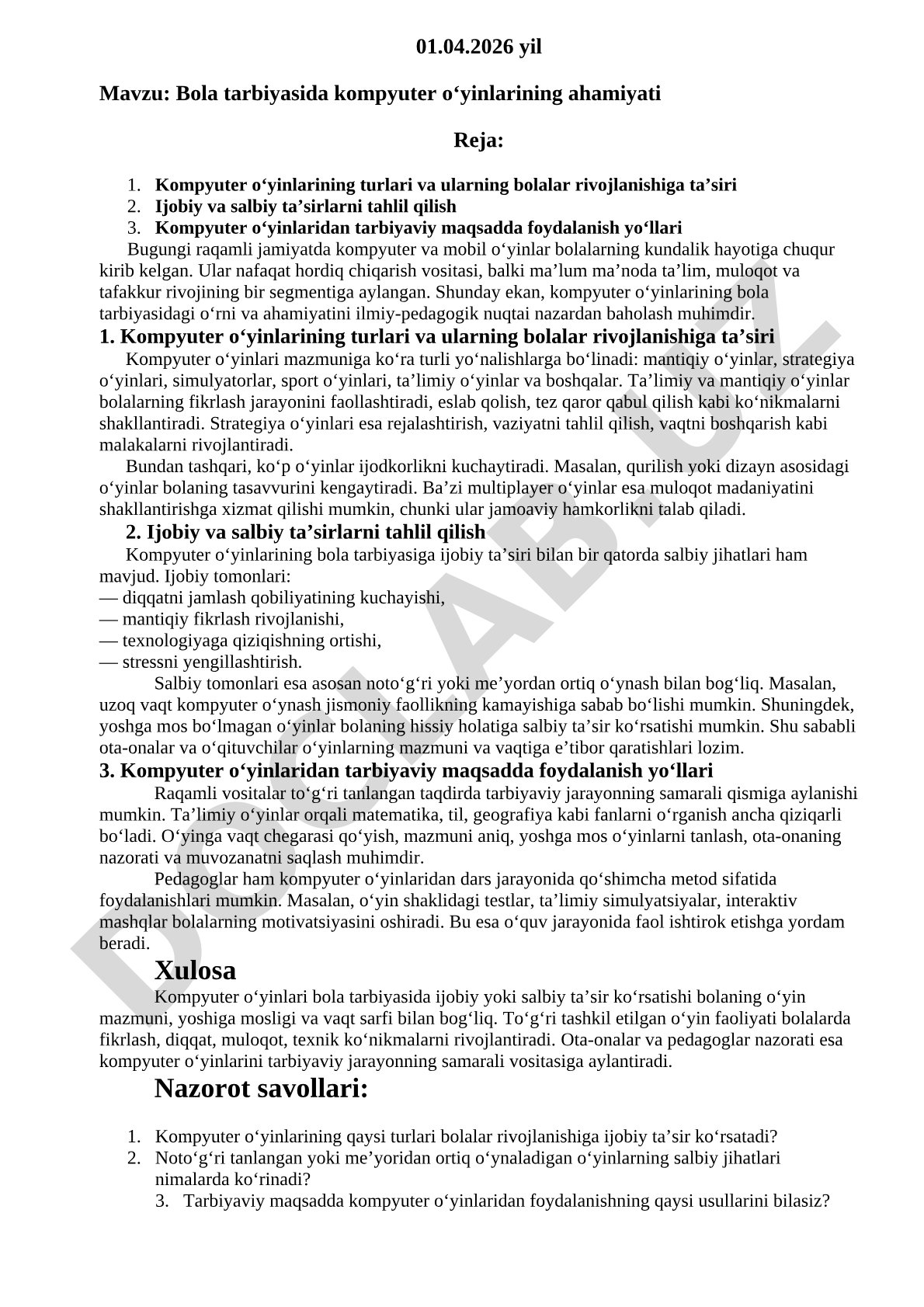 Bola tarbiyasida kompyuter o‘yinlarining ahamiyati