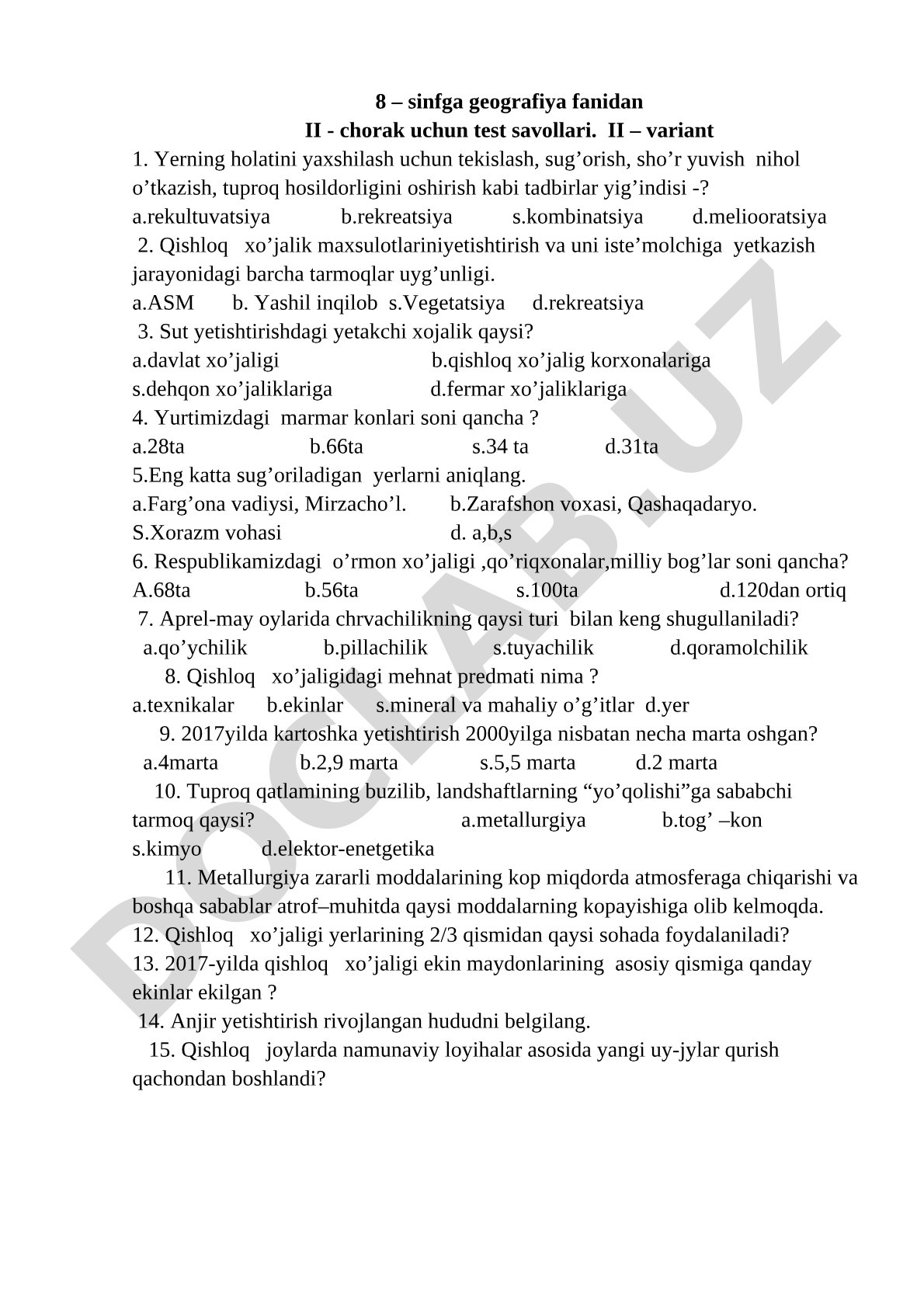 8-sinf geografiya fanidan II chorak uchun test savollari