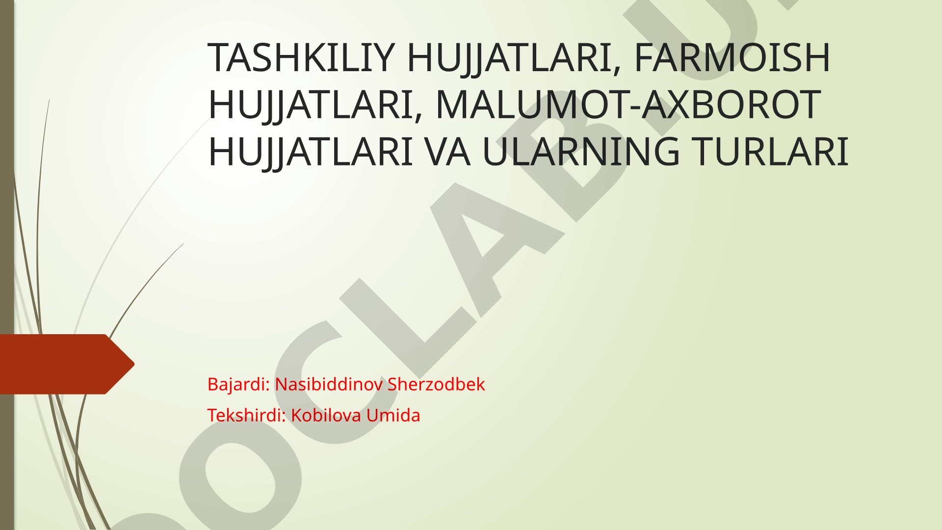 Tashkiliy hujjatlari, farmoish hujjatlari, malumot-axborot hujjatlari va ularning turlari