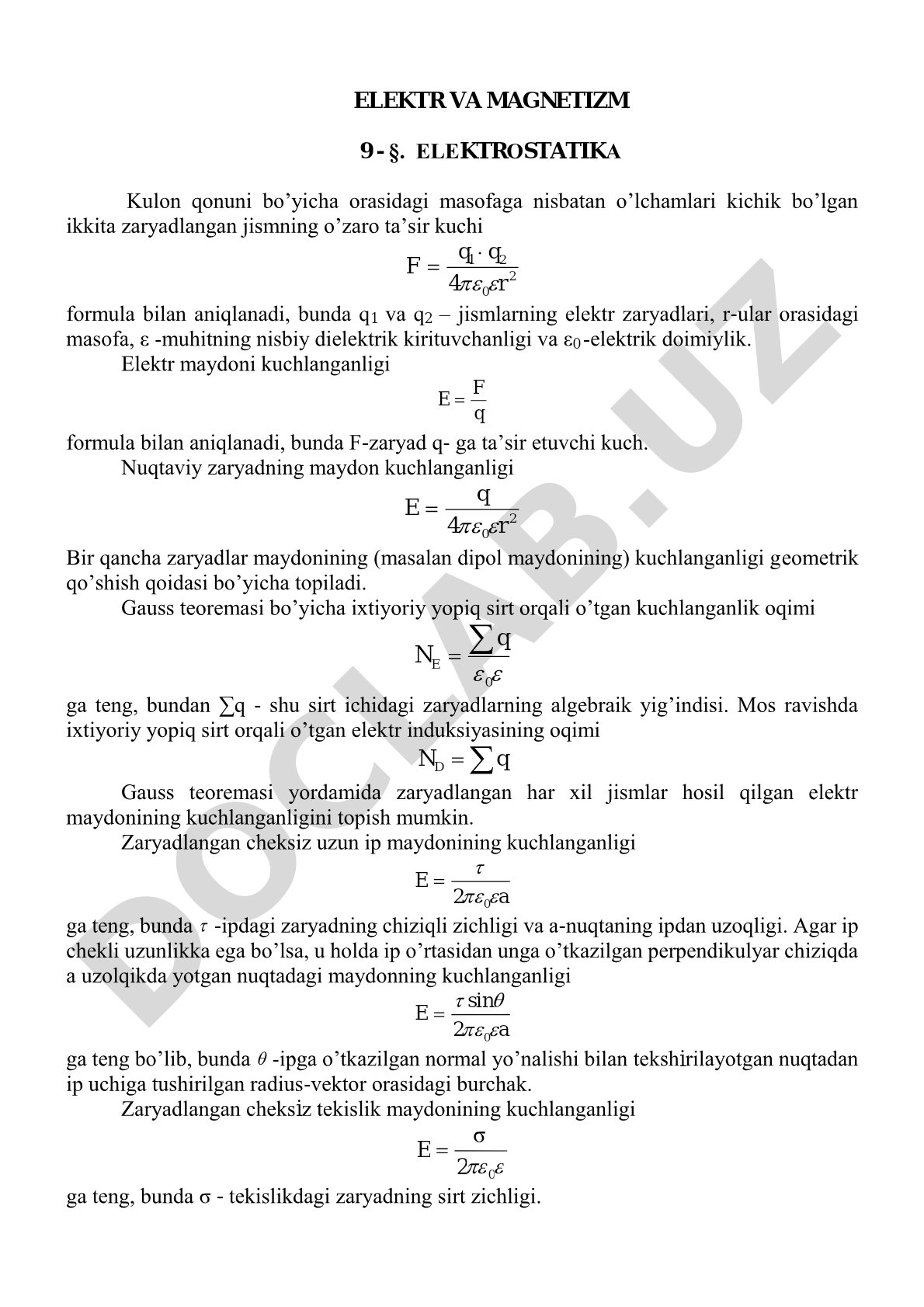 Kulon qonuni, elektr maydon kuchlanganligi va Gauss teoremasi asoslari bayon qilingan