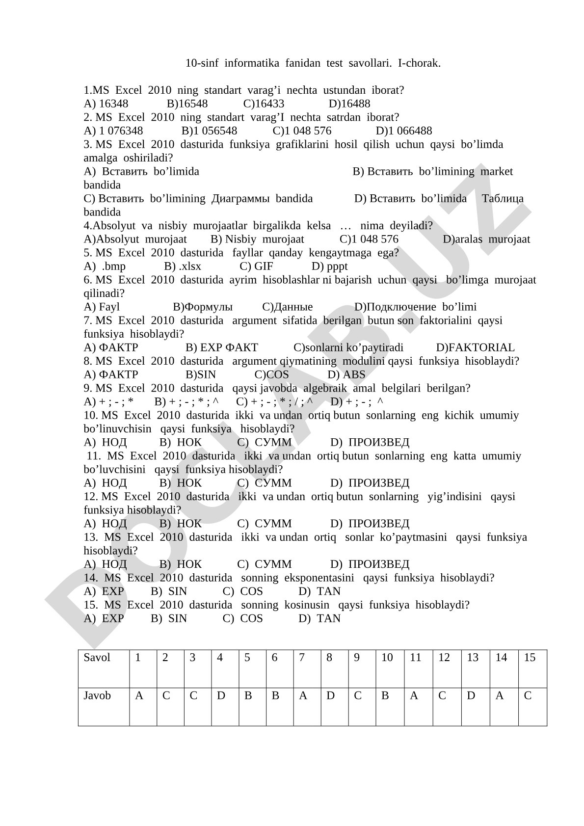 10-sinf informatika fanidan test savollari I-chorak