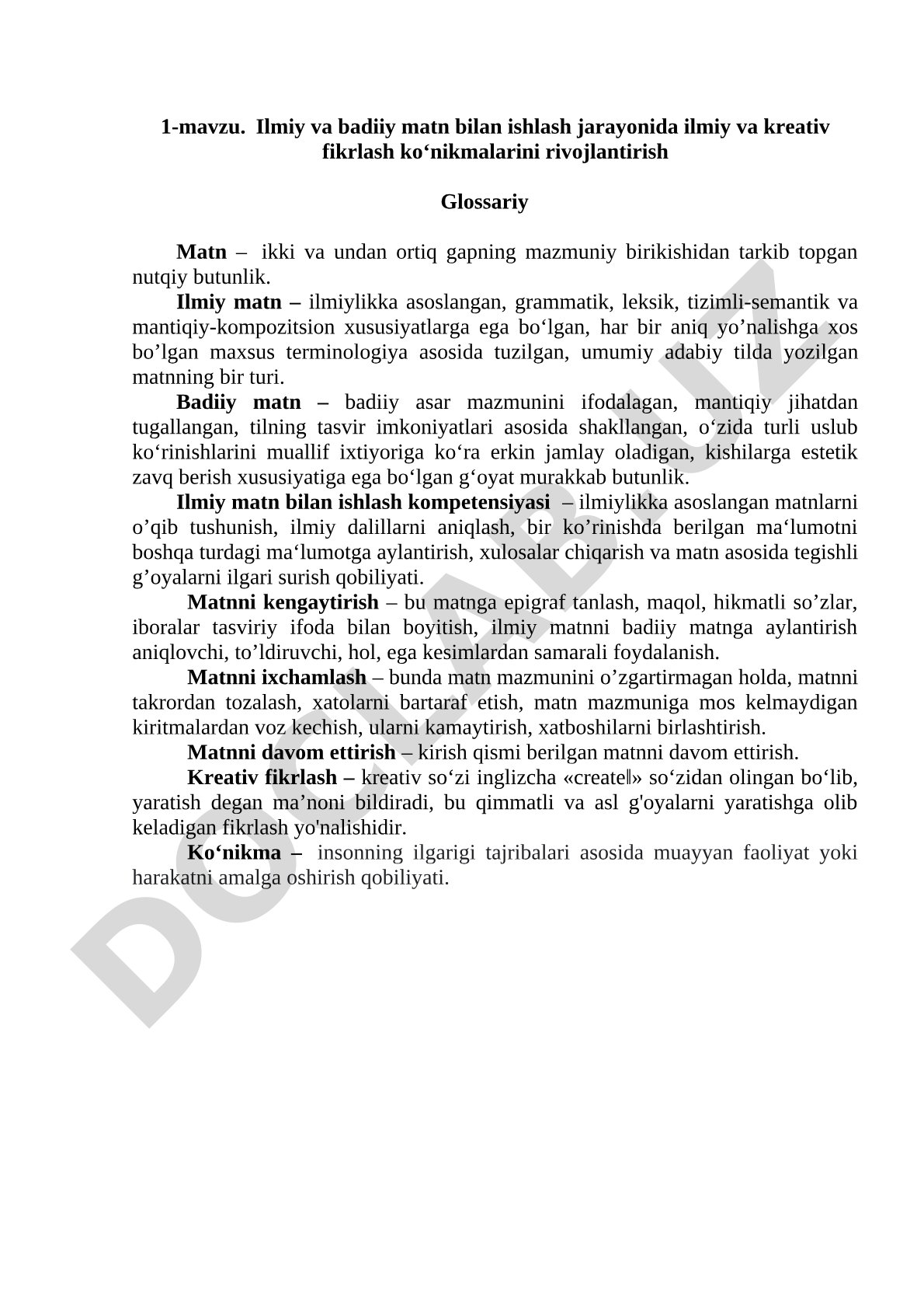 Ilmiy va badiiy matn bilan ishlash jarayonida ilmiy va kreativ fikrlash ko‘nikmalarini rivojlantirish