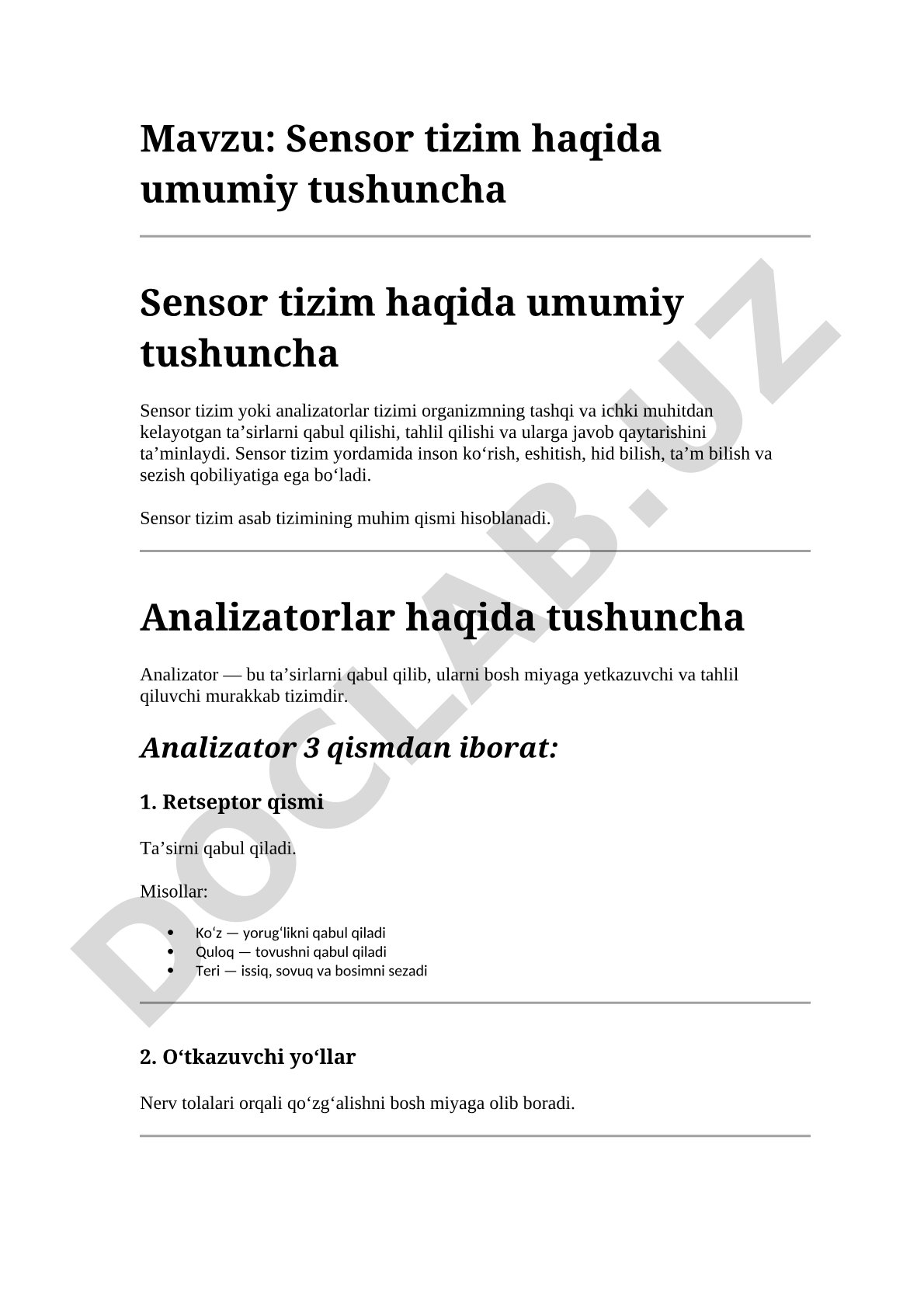Sensor tizim haqida umumiy tushuncha