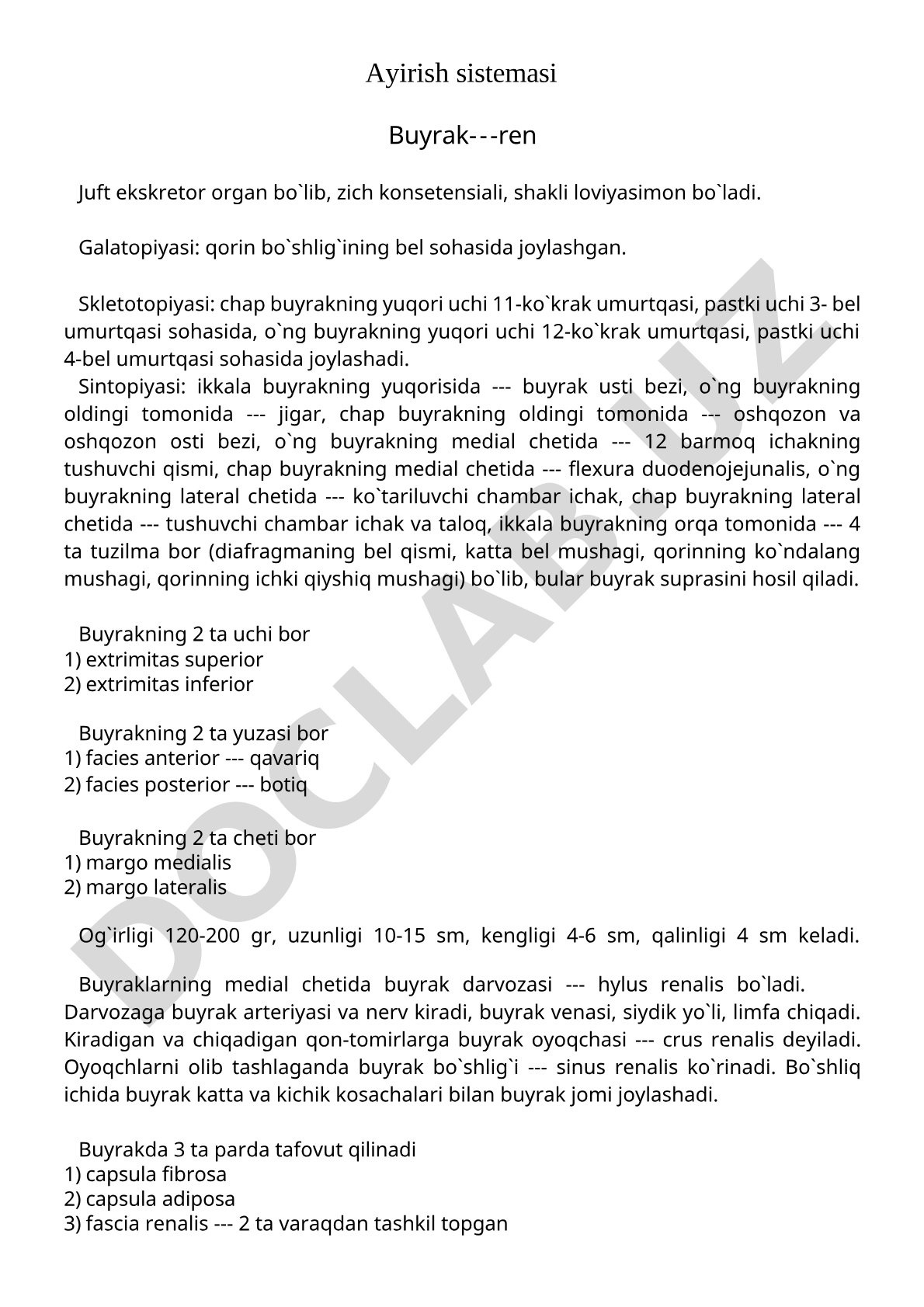 Buyrakning joylashishi, shakli va sintopiyasi haqida
