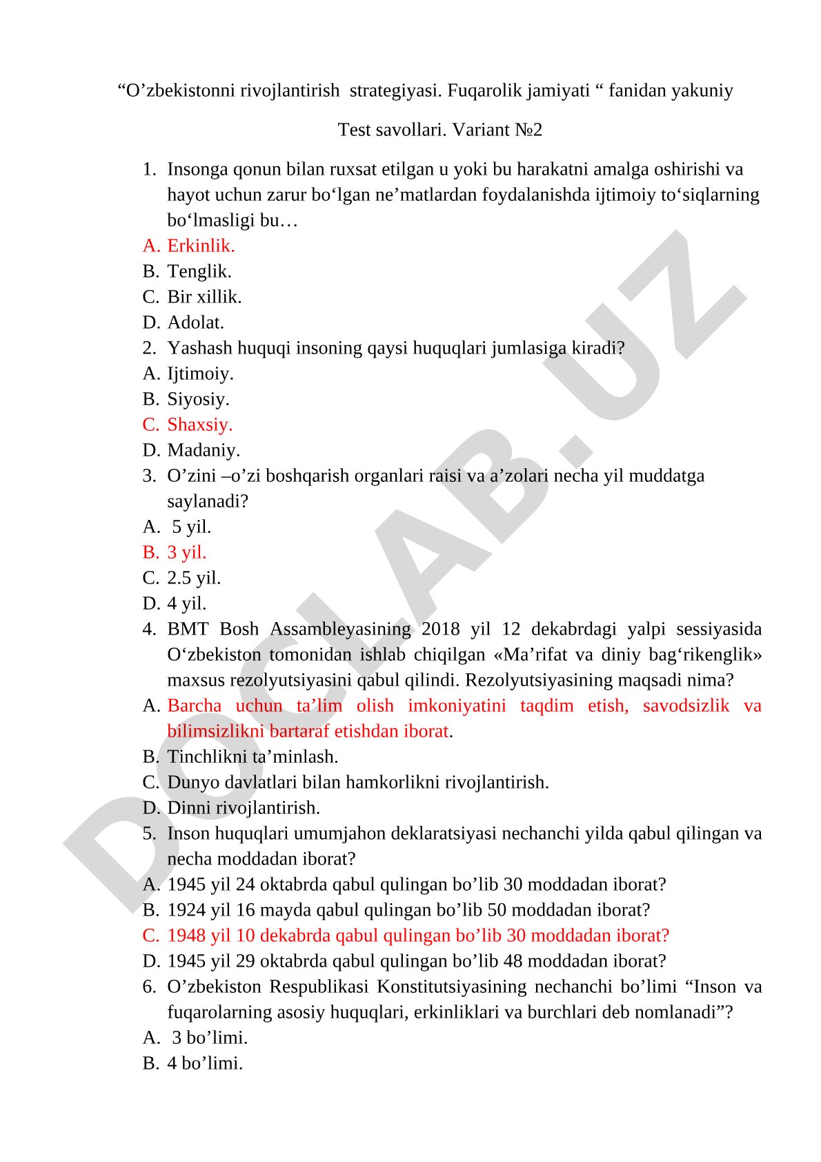 O’zbekistonni rivojlantirish strategiyasi. Fuqarolik jamiyati fanidan yakuniy Test savollari