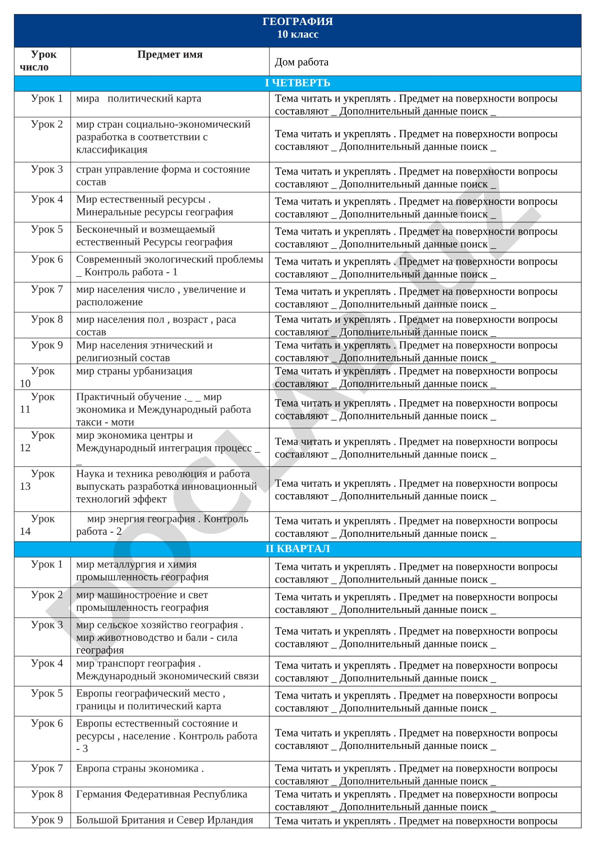 Поурочное планирование по географии для 10 класса на I четверть