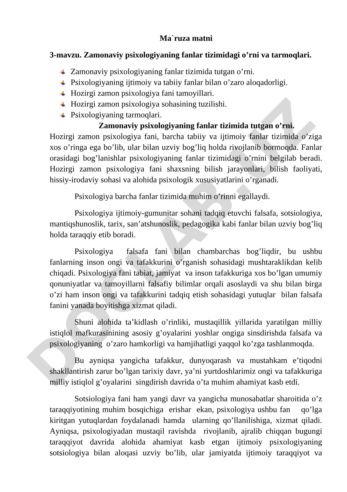 Zamonaviy psixologiyaning fanlar tizimidagi o’rni va tarmoqlari