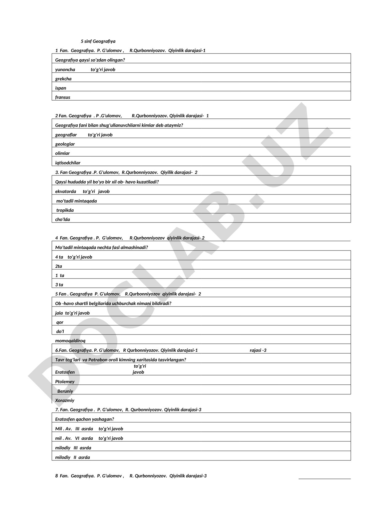 5-sinf Geografiya fanidan test savollari