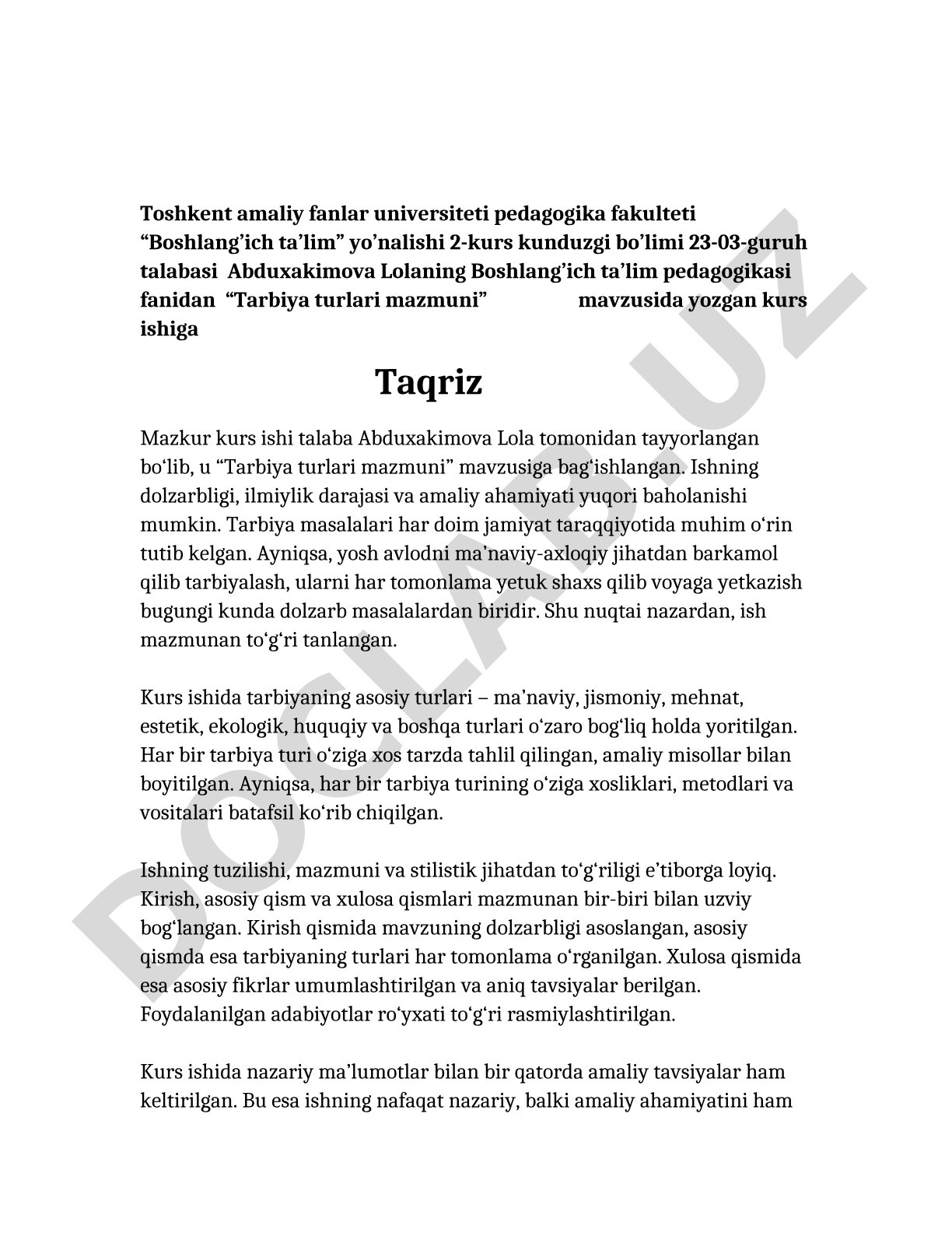 Tarbiya turlari mazmuni mavzusidagi kurs ishiga taqriz