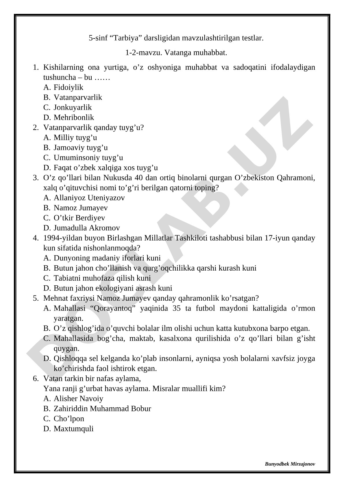 5-sinf Tarbiya darsligi 1-2-mavzu Vatanga muhabbat testlari