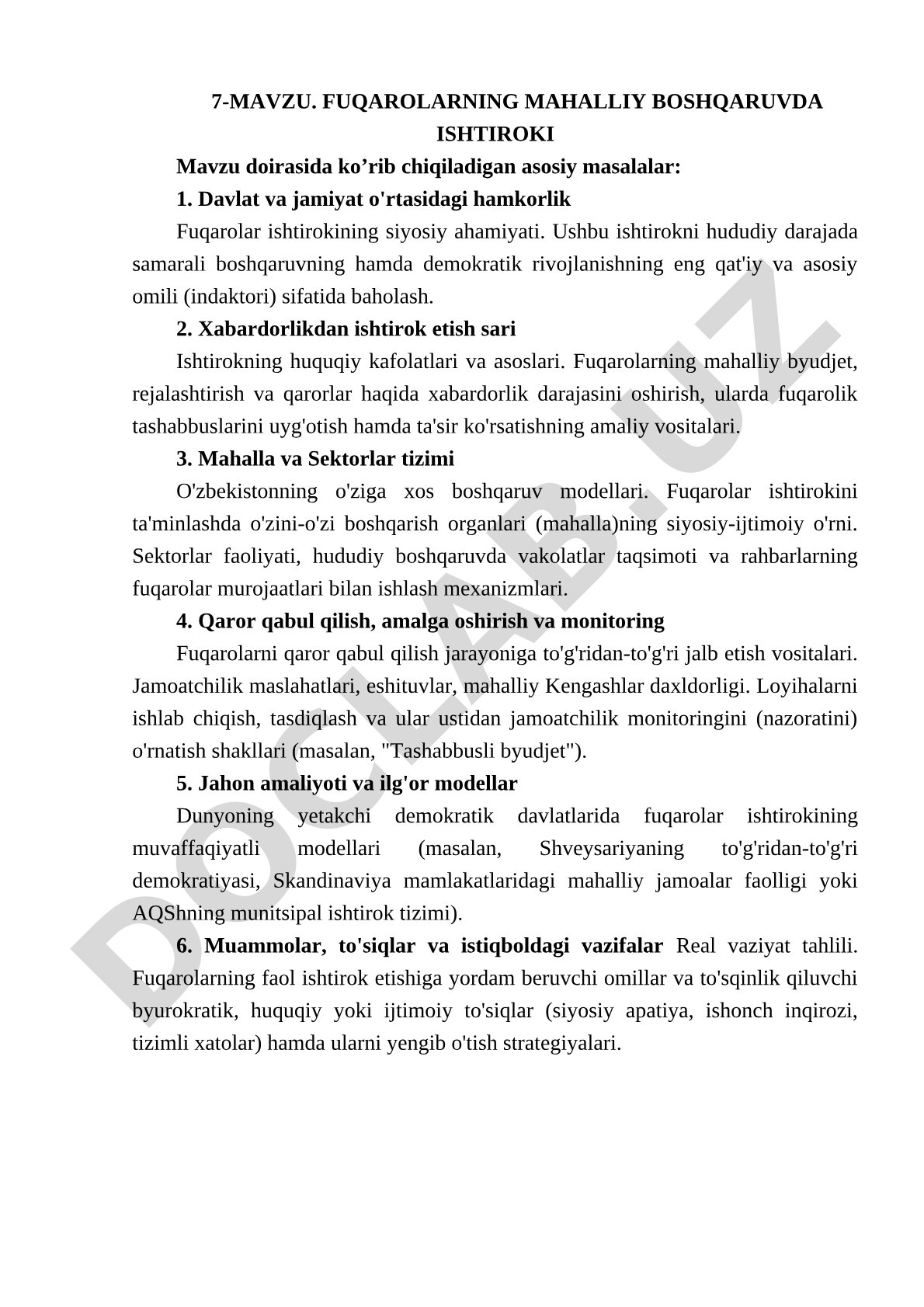 Fuqarolarning mahalliy boshqaruvda ishtiroki