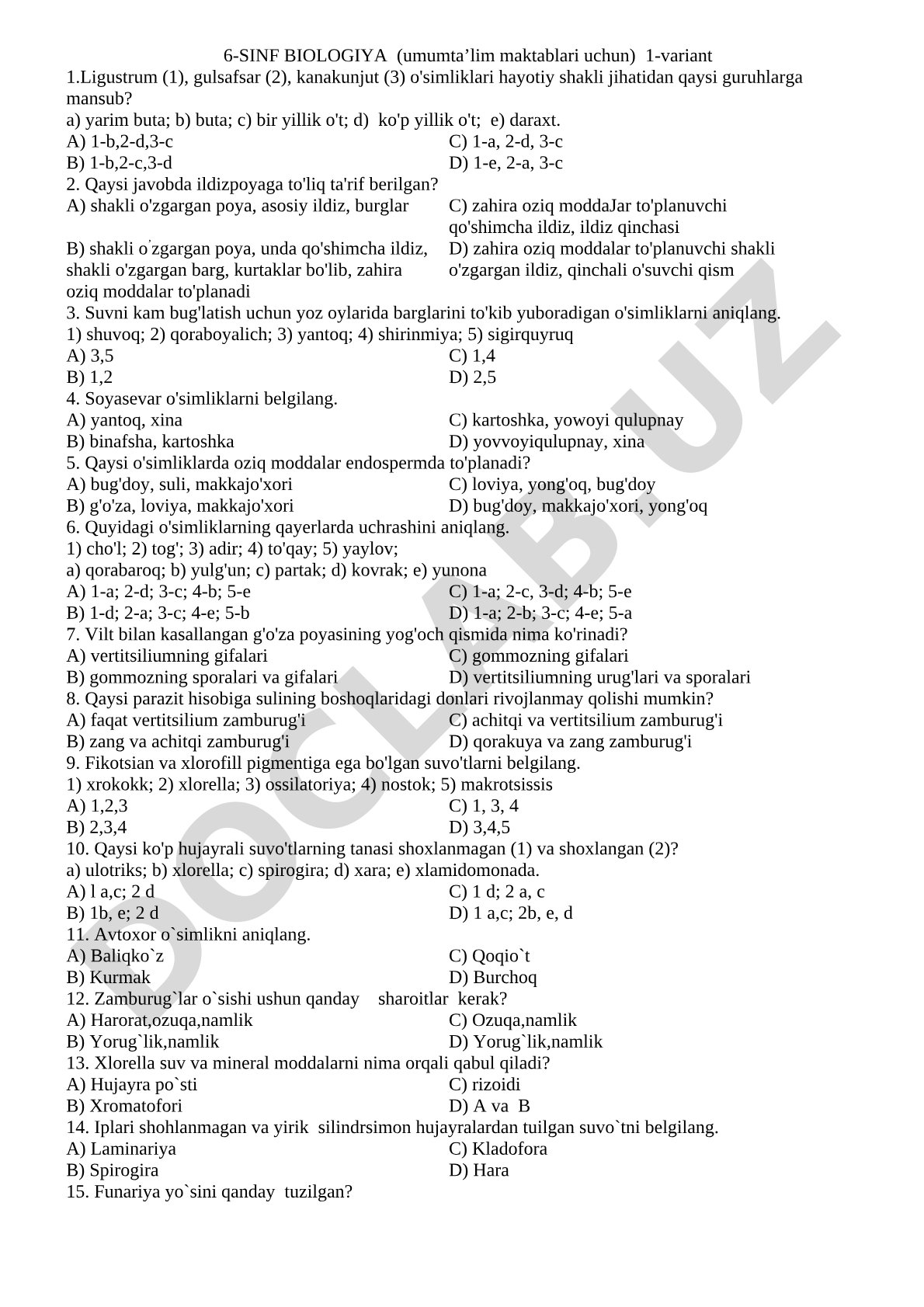 6-sinf biologiya 1-variant test savollari