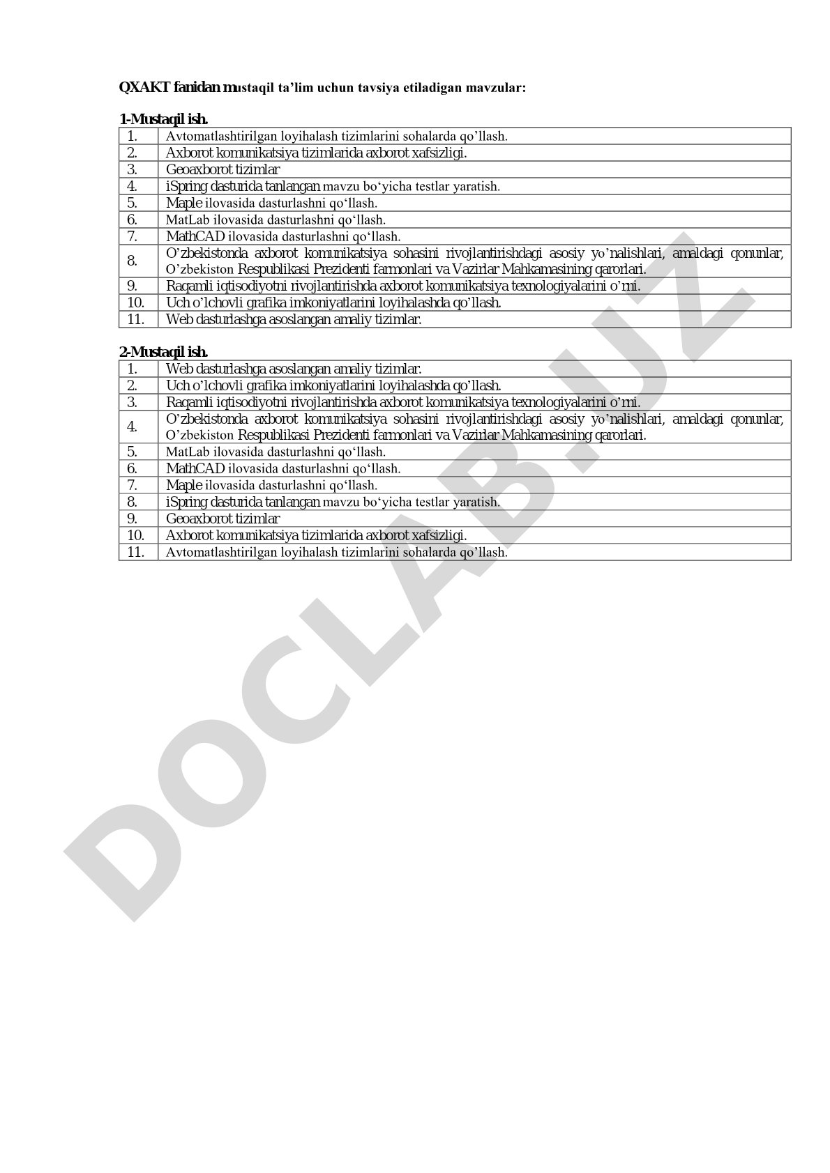 QXAKT fanidan mustaqil taʼlim uchun mavzular
