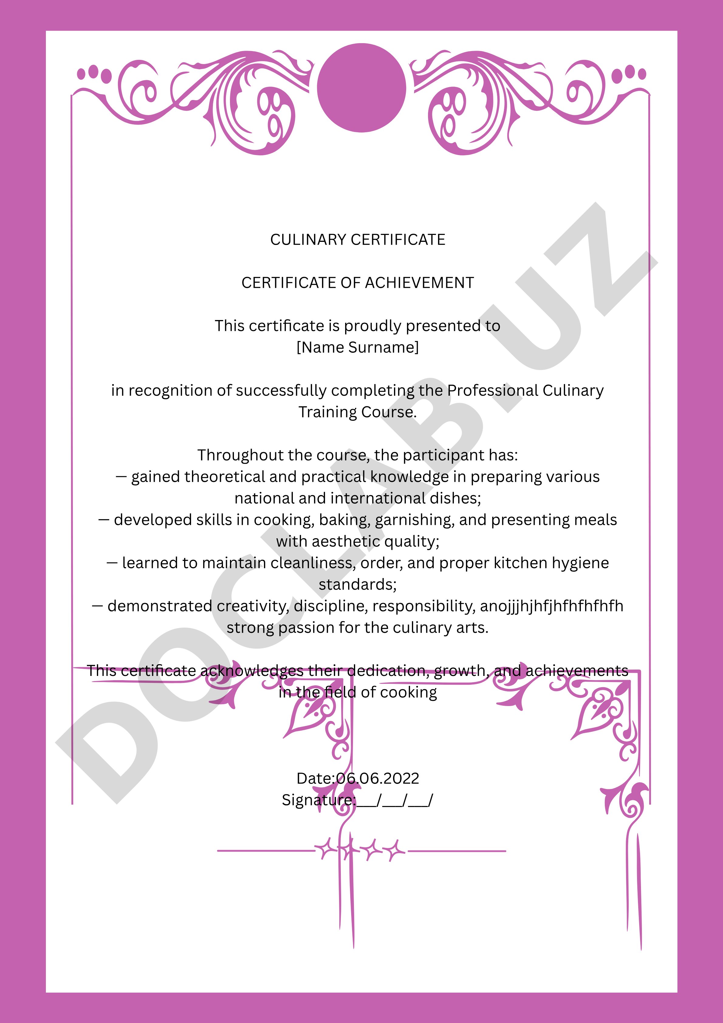 Culinary Certificate of Achievement