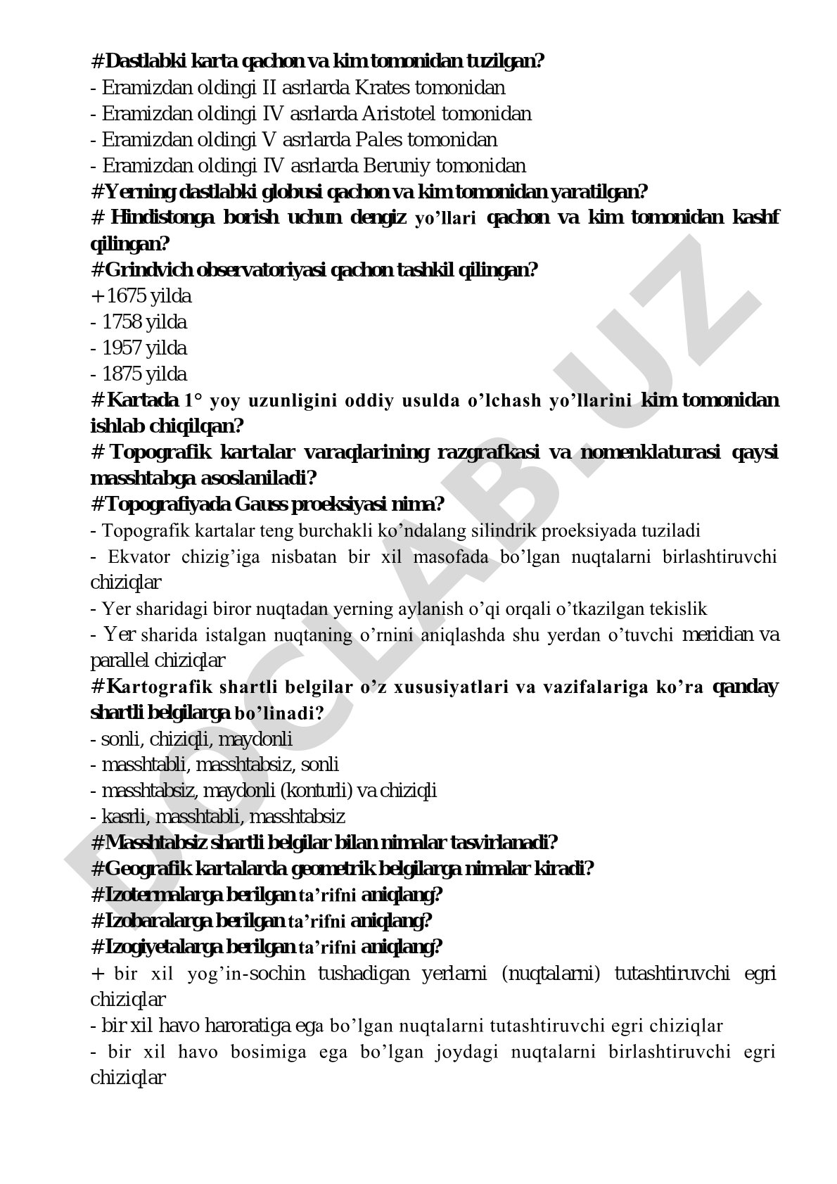 Kartografiya va topografiya fanidan test savollari