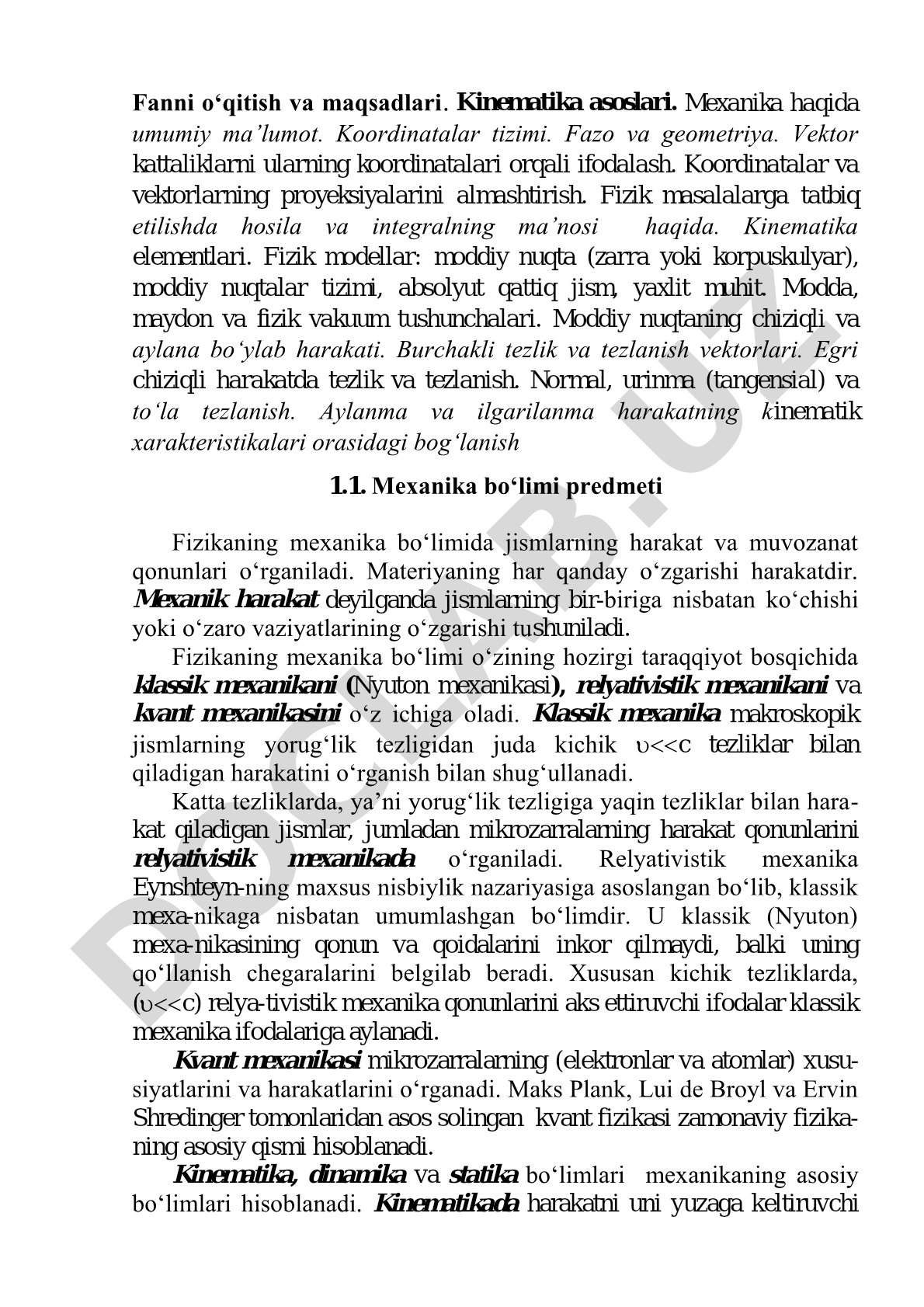 Mexanika, kinematika asoslari, moddiy nuqta harakati, tezlik va tezlanish tushunchalari