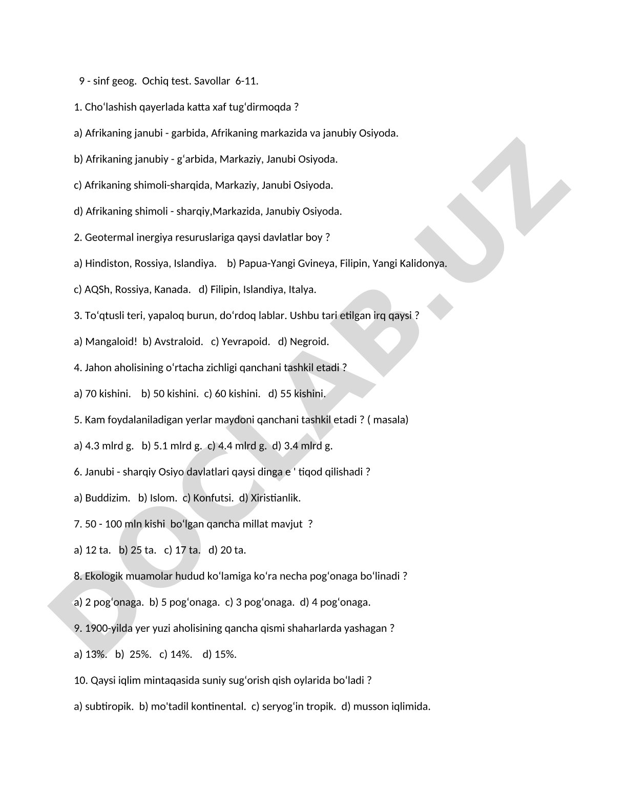 9-sinf geografiya ochiq test savollari