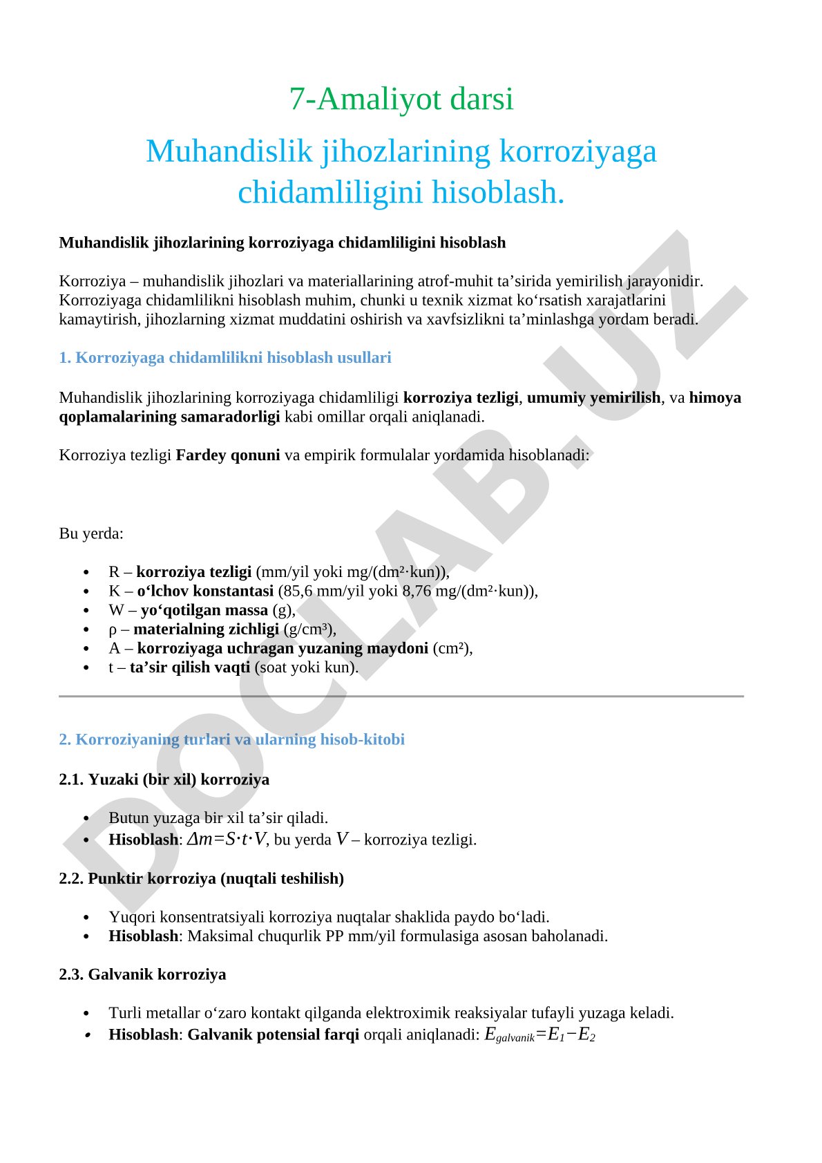 Muhandislik jihozlarining korroziyaga chidamliligini hisoblash