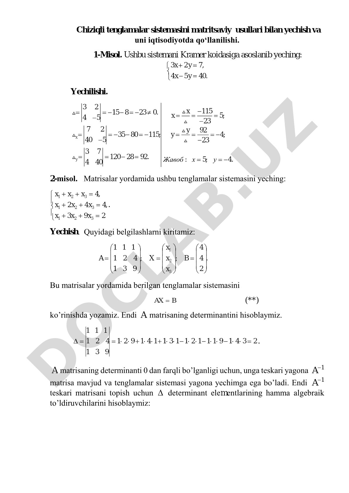 Chiziqli tenglamalar sistemasini matritsaviy usullari bilan yechish va uni iqtisodiyotda qo‘llanilishi