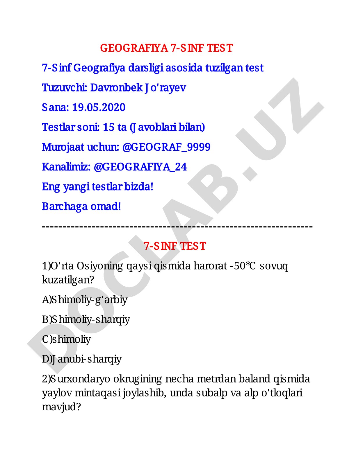 7-sinf Geografiya darsligi asosida tuzilgan test