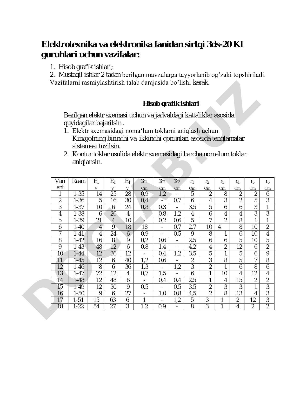 Elektrotexnika va elektronika fanidan sirtqi 3ds-20 KI guruhlari uchun vazifalar