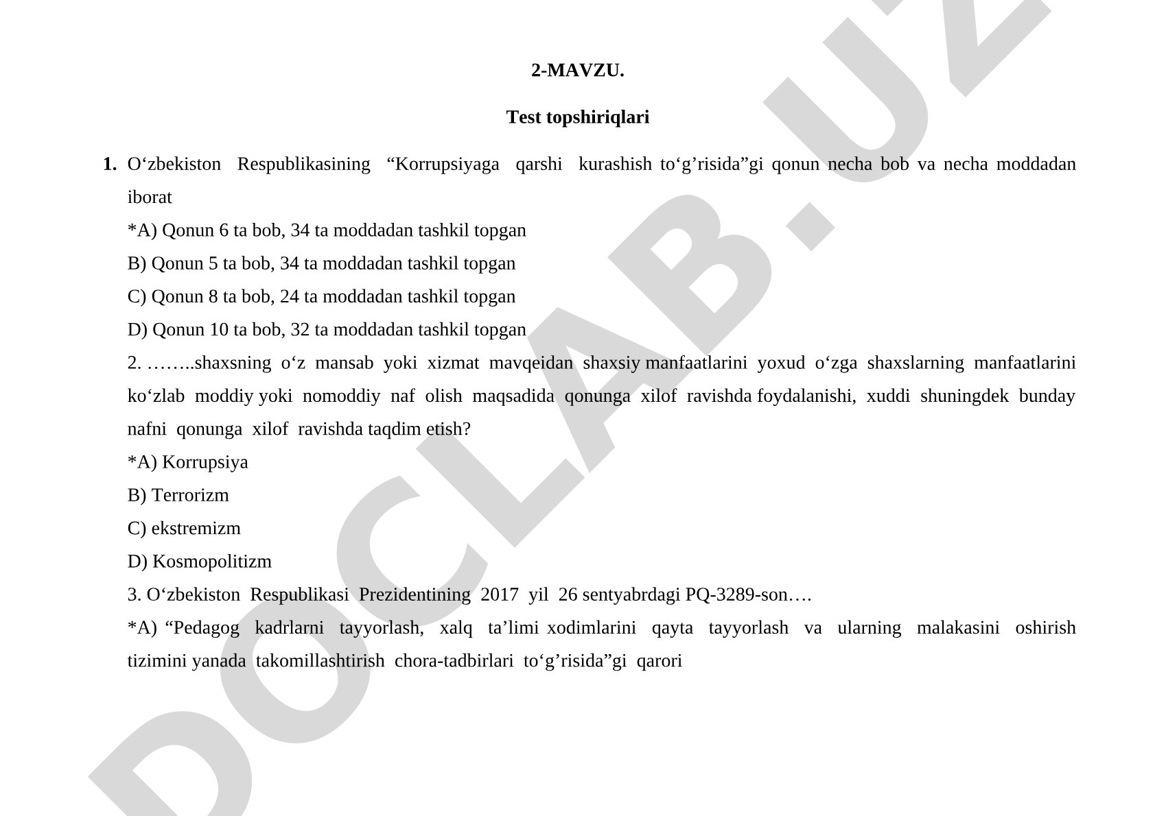 Korrupsiyaga qarshi kurashish qonuni bo‘yicha test topshiriqlari