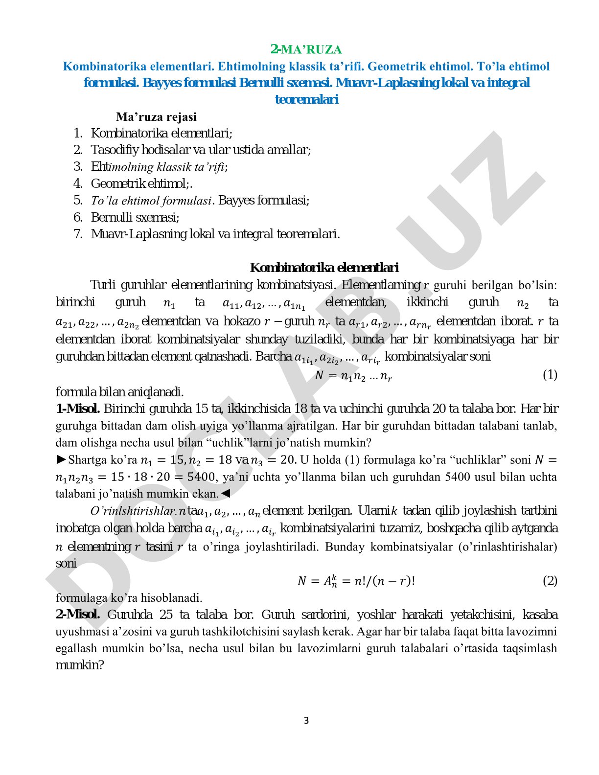 Kombinatorika elementlari va ehtimollar nazariyasi