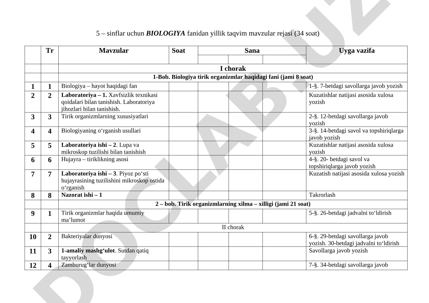 5-sinflar uchun biologiya fanidan yillik taqvim mavzular rejasi (34 soat)