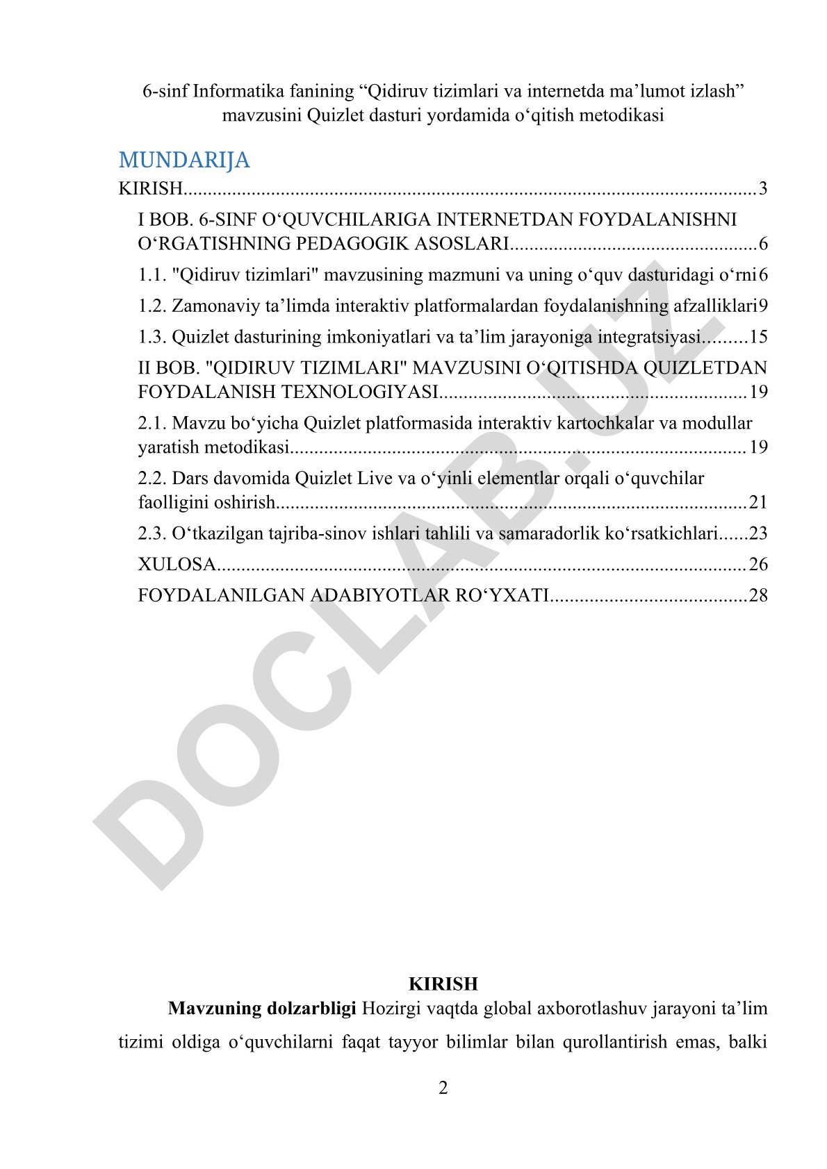6-sinf Informatika fanida Quizlet dasturi yordamida qidiruv tizimlarini o'qitish metodikasi