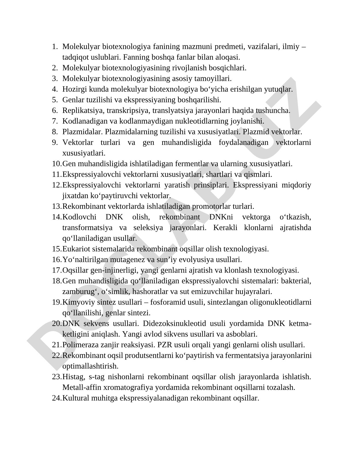 Molekulyar biotexnologiya fanining mazmuni, predmeti va vazifalari