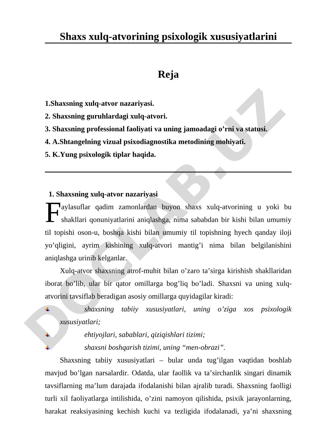 Shaxs xulq-atvorining psixologik xususiyatlarini