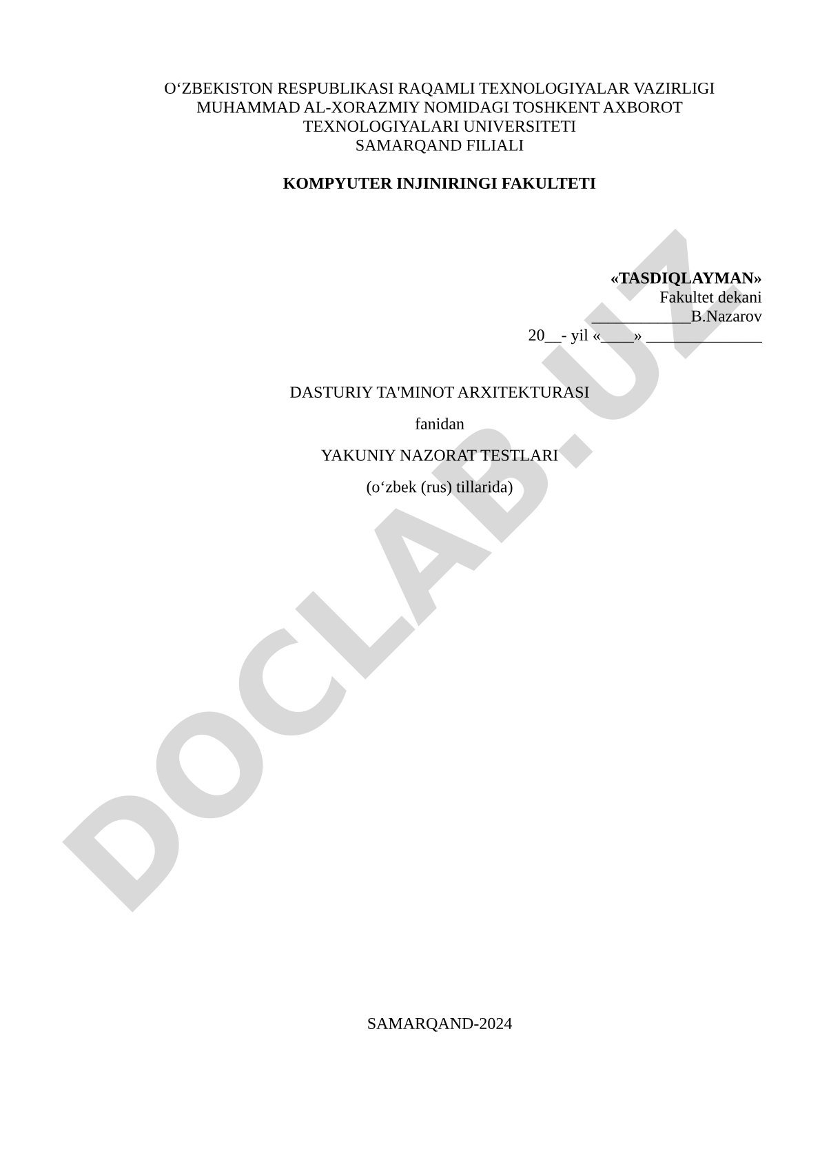 Dasturiy ta'minot arxitekturasi fanidan yakuniy nazorat testlari