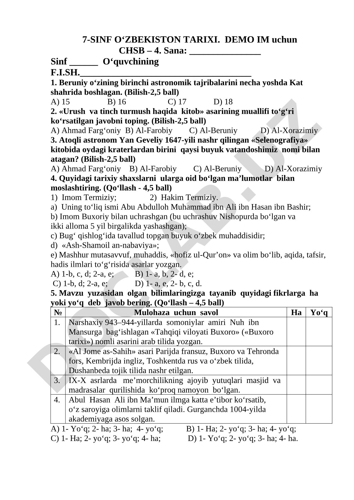 7-sinf O‘zbekiston tarixi demo CHSB testi